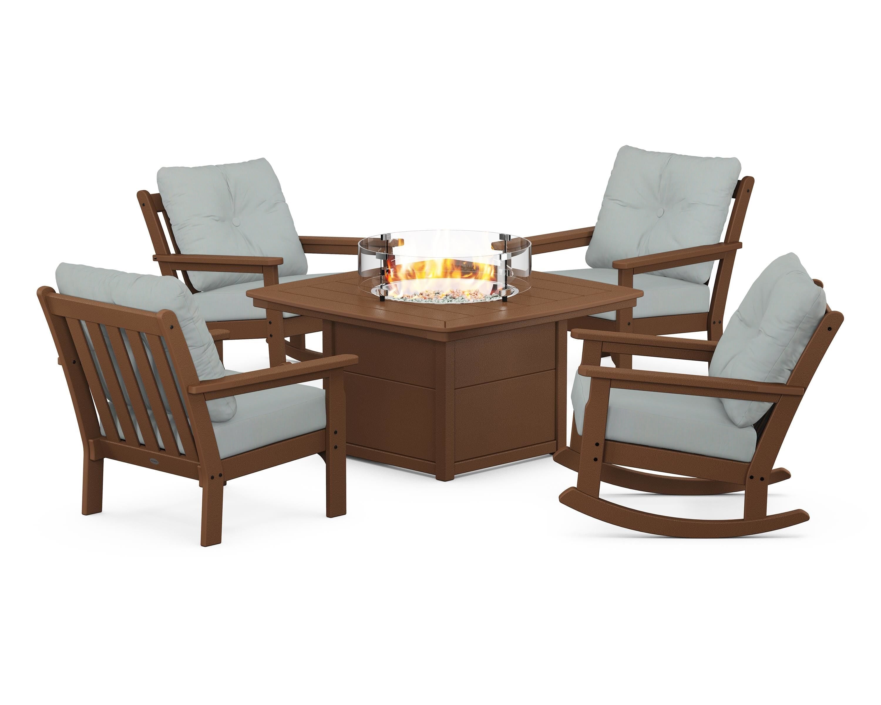 POLYWOOD Vineyard 5-Piece Deep Seating Rocking Chair Conversation Set with Fire Pit Table in Teak / Spa
