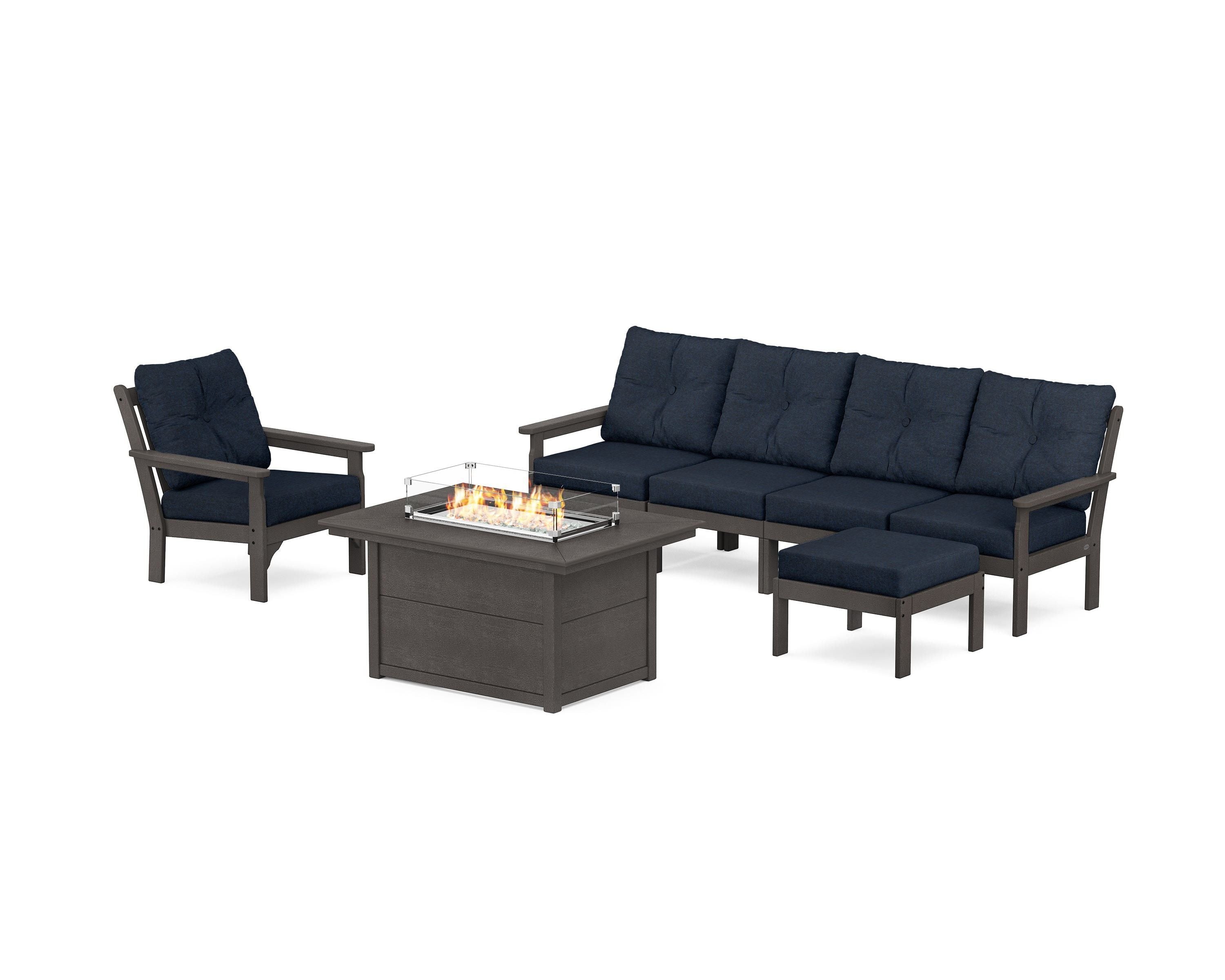 POLYWOOD Vineyard Sectional Lounge and Fire Pit Set in Vintage Coffee / Marine Indigo