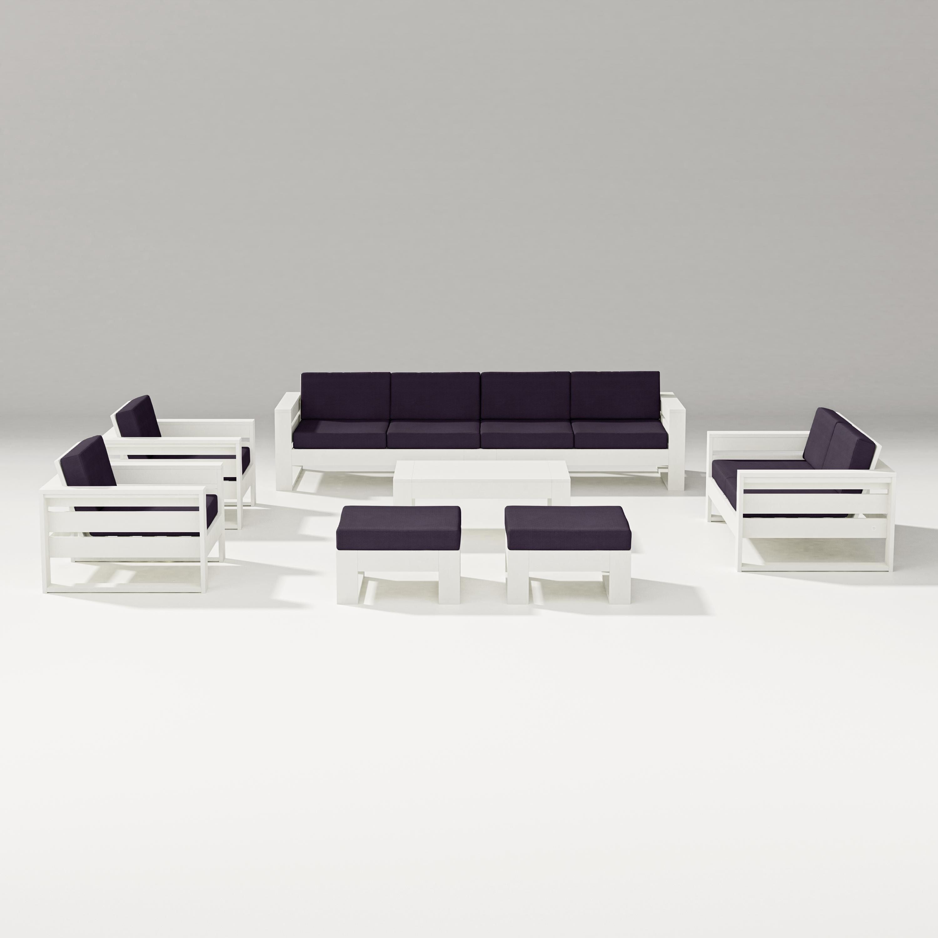 PW Designer Series Latitude 8-Piece Lounge Sofa Set in Vintage White / Navy Linen