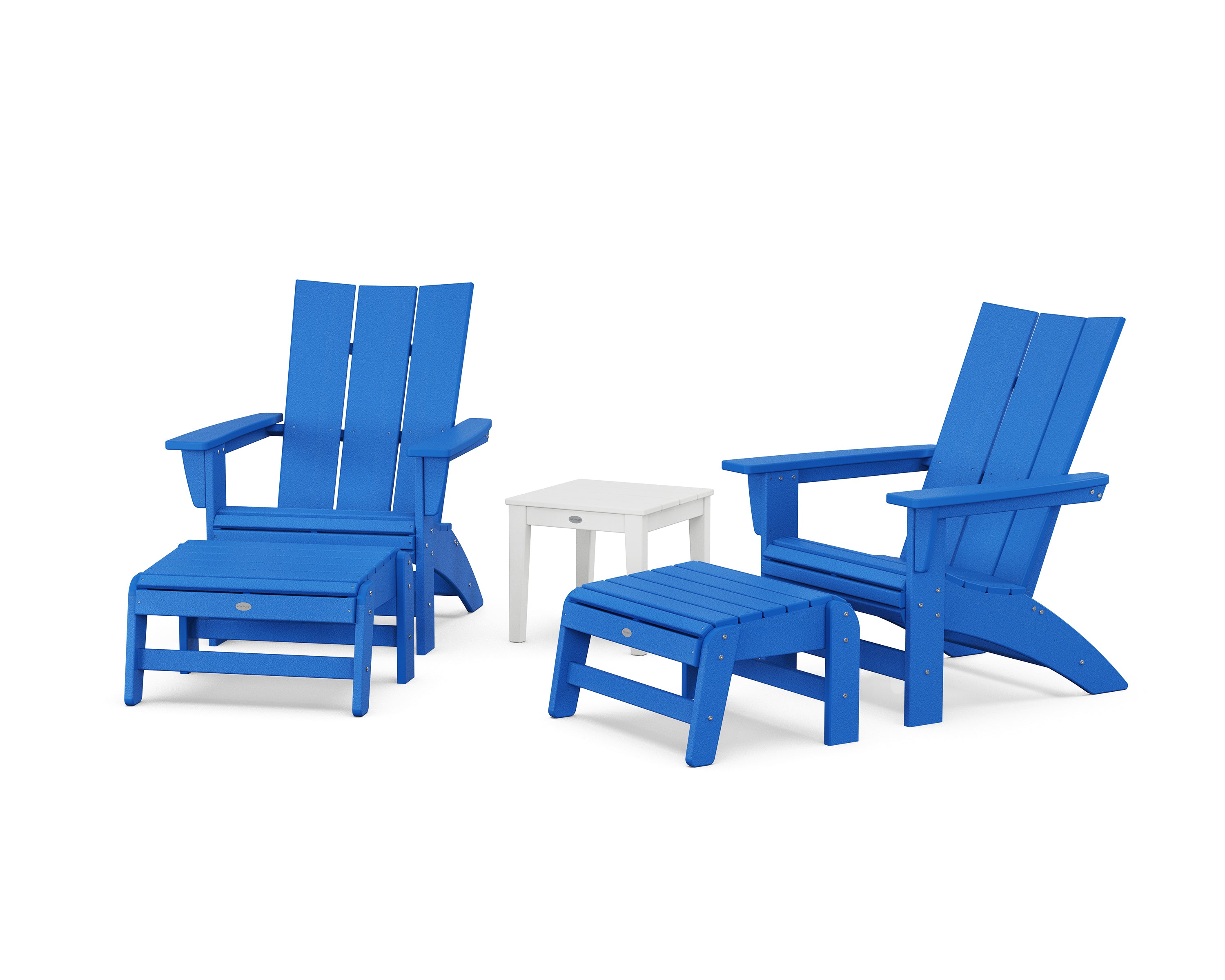 POLYWOOD 5-Piece Modern Grand Adirondack Set with Ottomans and Side Table in Pacific Blue / White