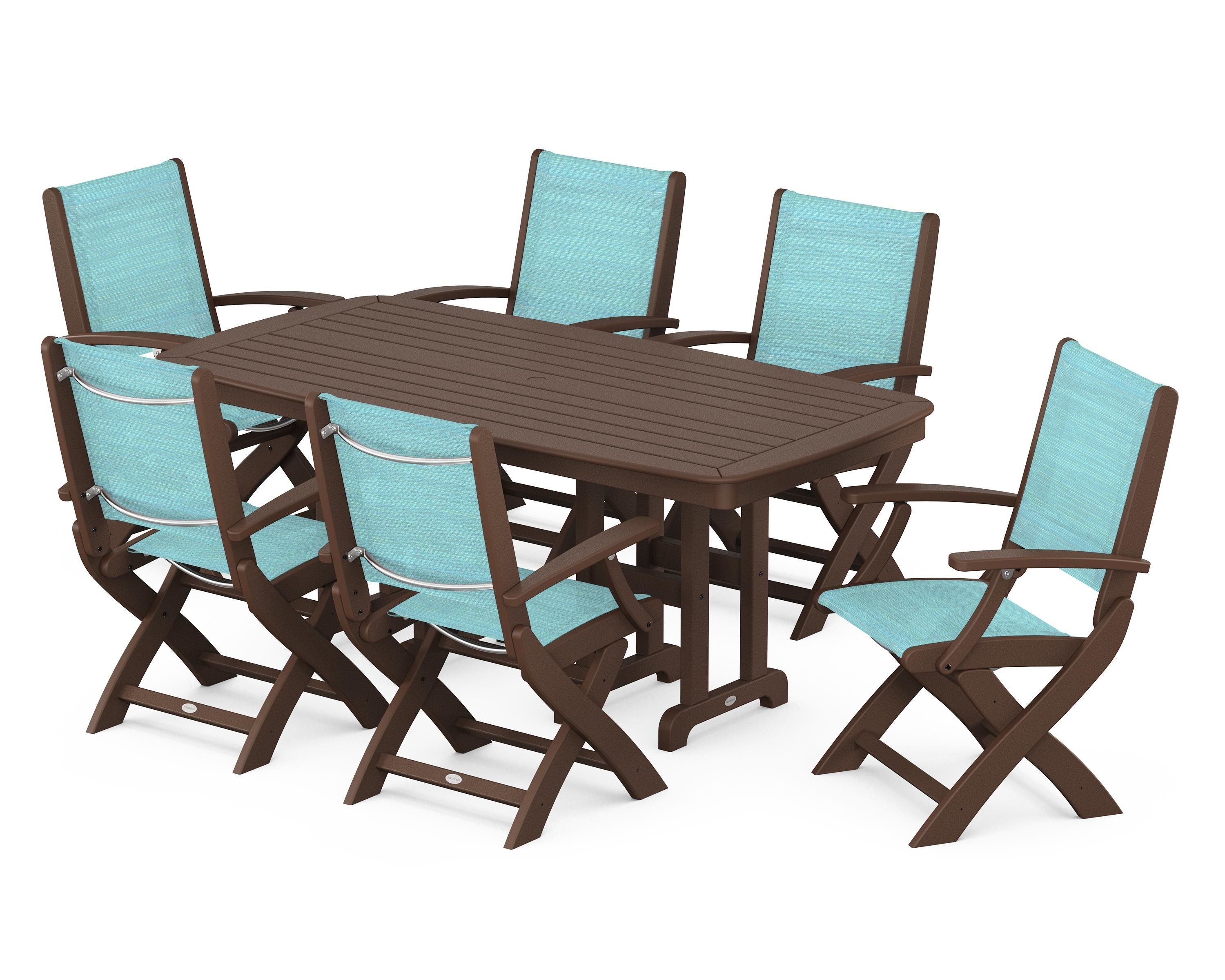 POLYWOOD Coastal Folding Arm Chair 7-Piece Dining Set in Mahogany / Dupioni Aquamarine Sling