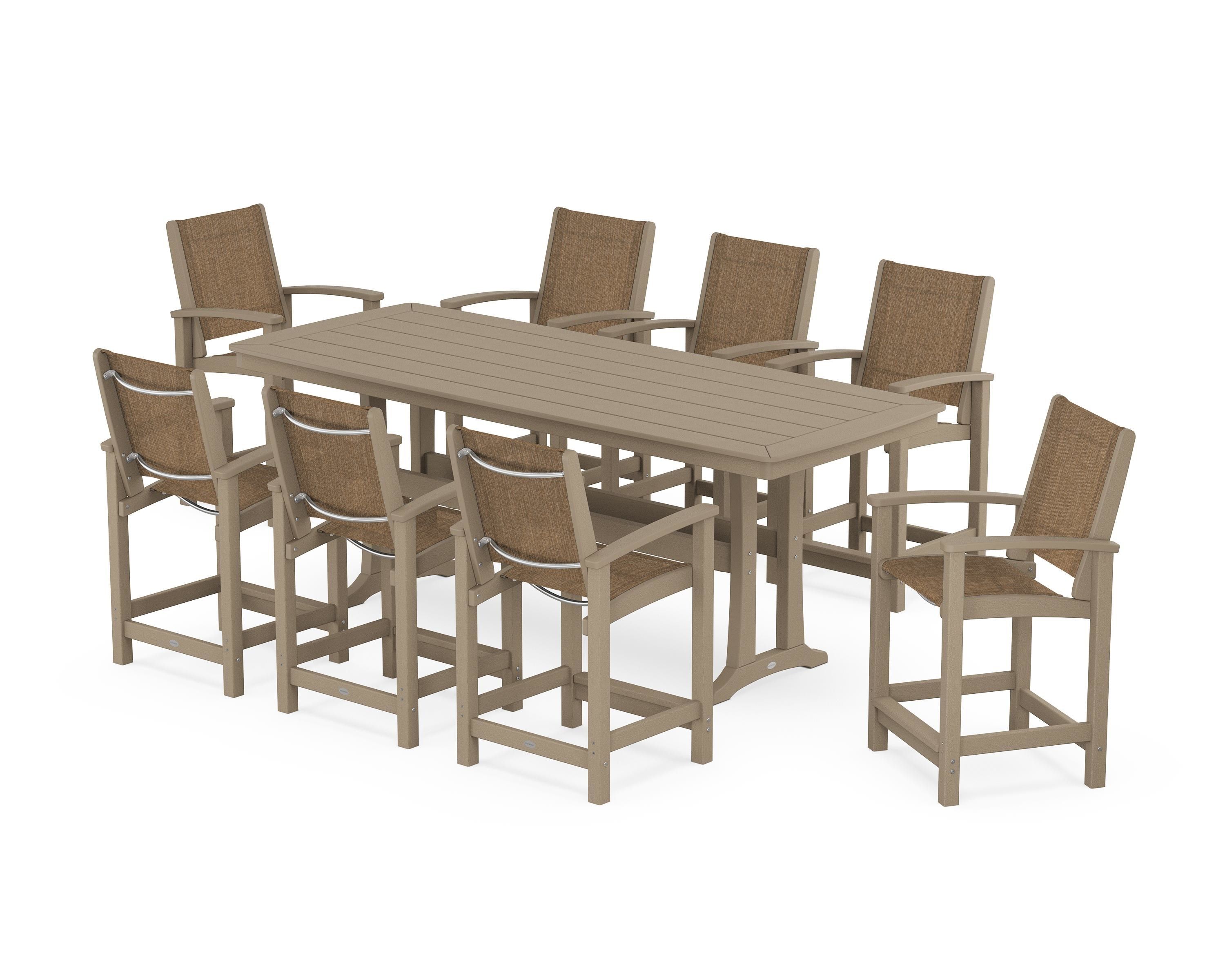 POLYWOOD Coastal 9-Piece Counter Set with Trestle Legs in Vintage Sahara / Burlap Sling