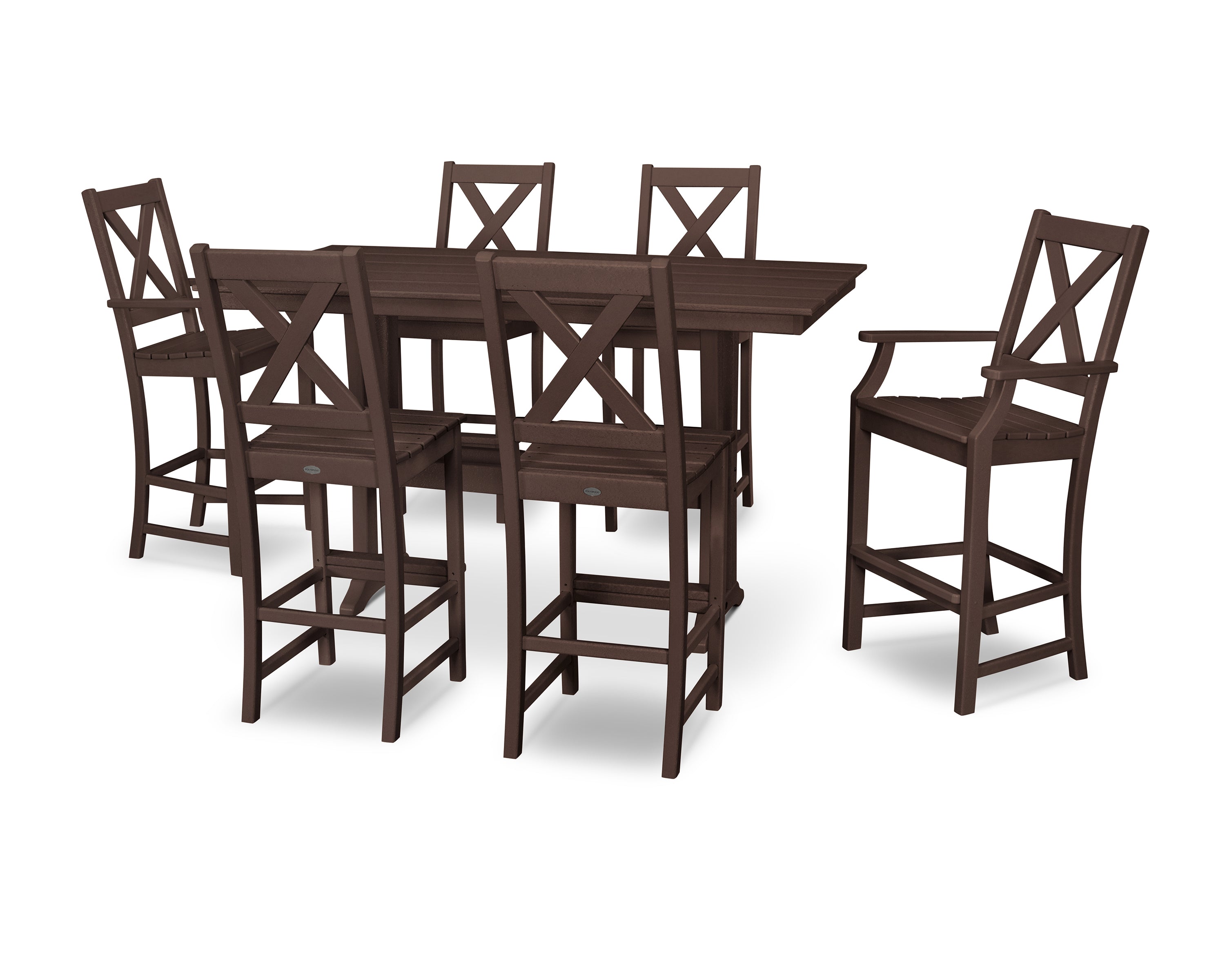 POLYWOOD® Braxton 7-Piece Farmhouse Trestle Bar Set in Mahogany