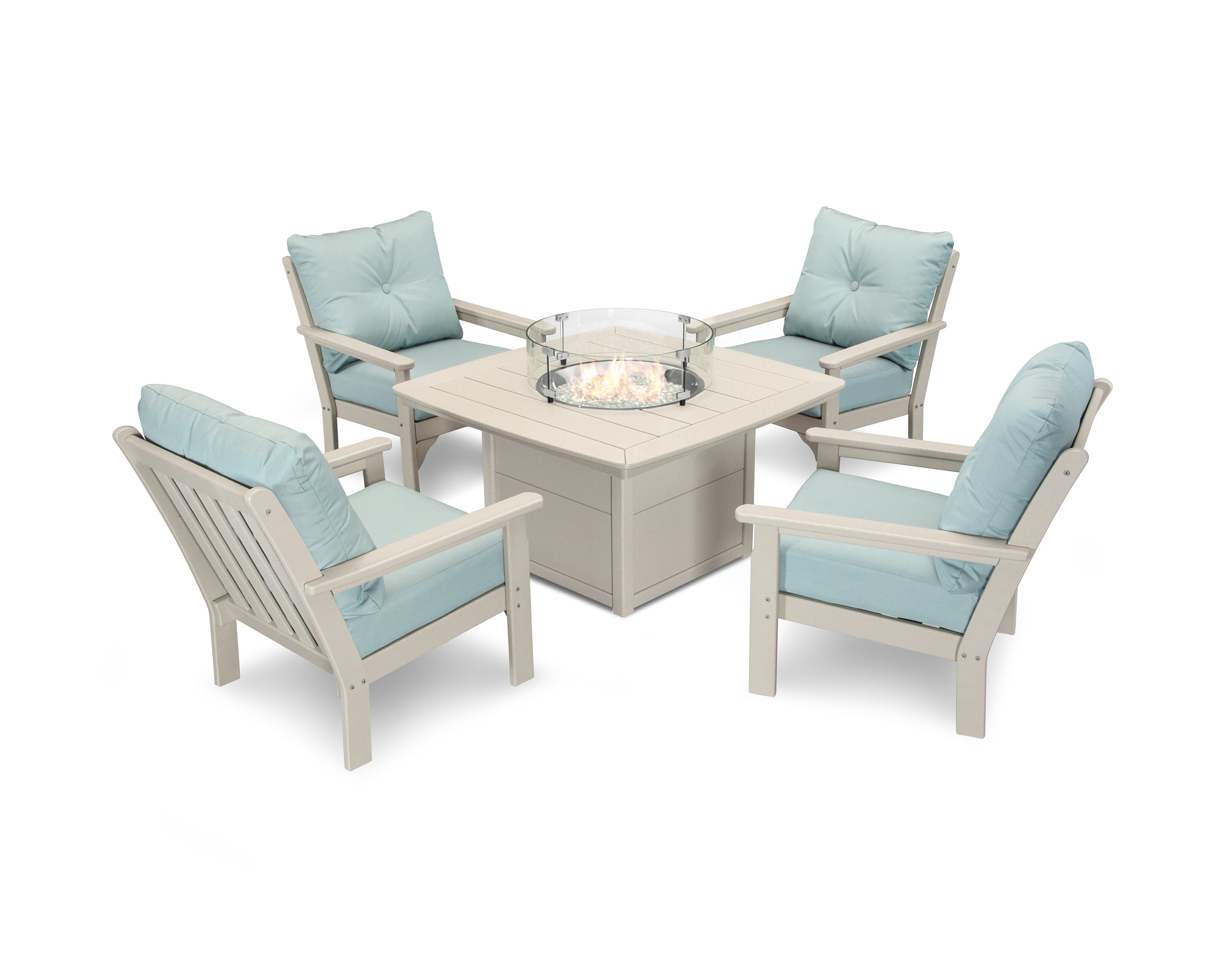 POLYWOOD Vineyard 5-Piece Conversation Set with Fire Pit Table in Sand / Spa