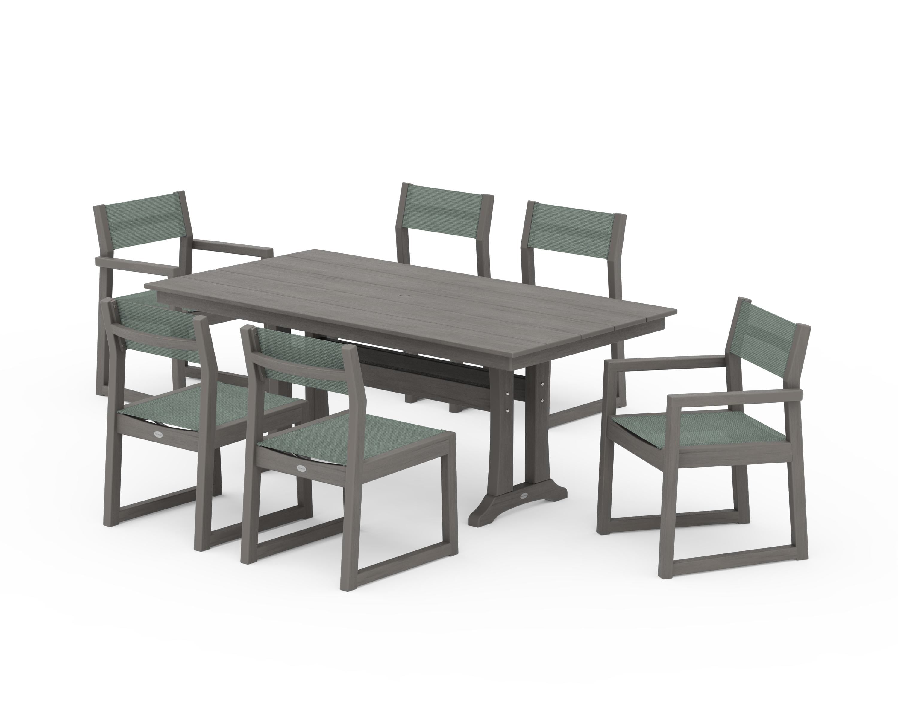 POLYWOOD EDGE Sling 7-Piece Farmhouse Trestle Dining Set in Driftwood / Dupioni Sea Mist Sling
