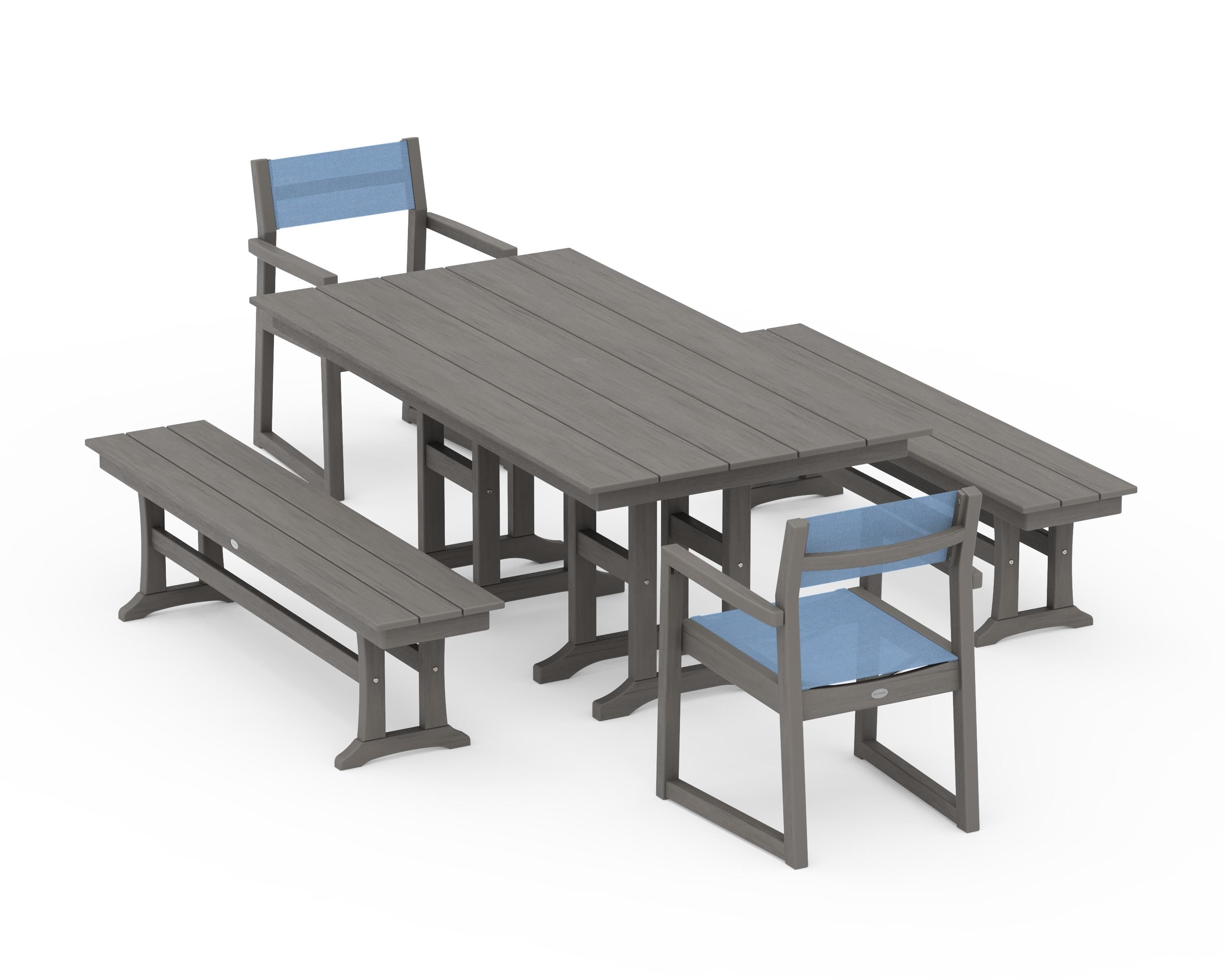 POLYWOOD EDGE Sling Arm Chair 5-Piece Farmhouse Dining Set with Benches in Driftwood / Poolside Sling