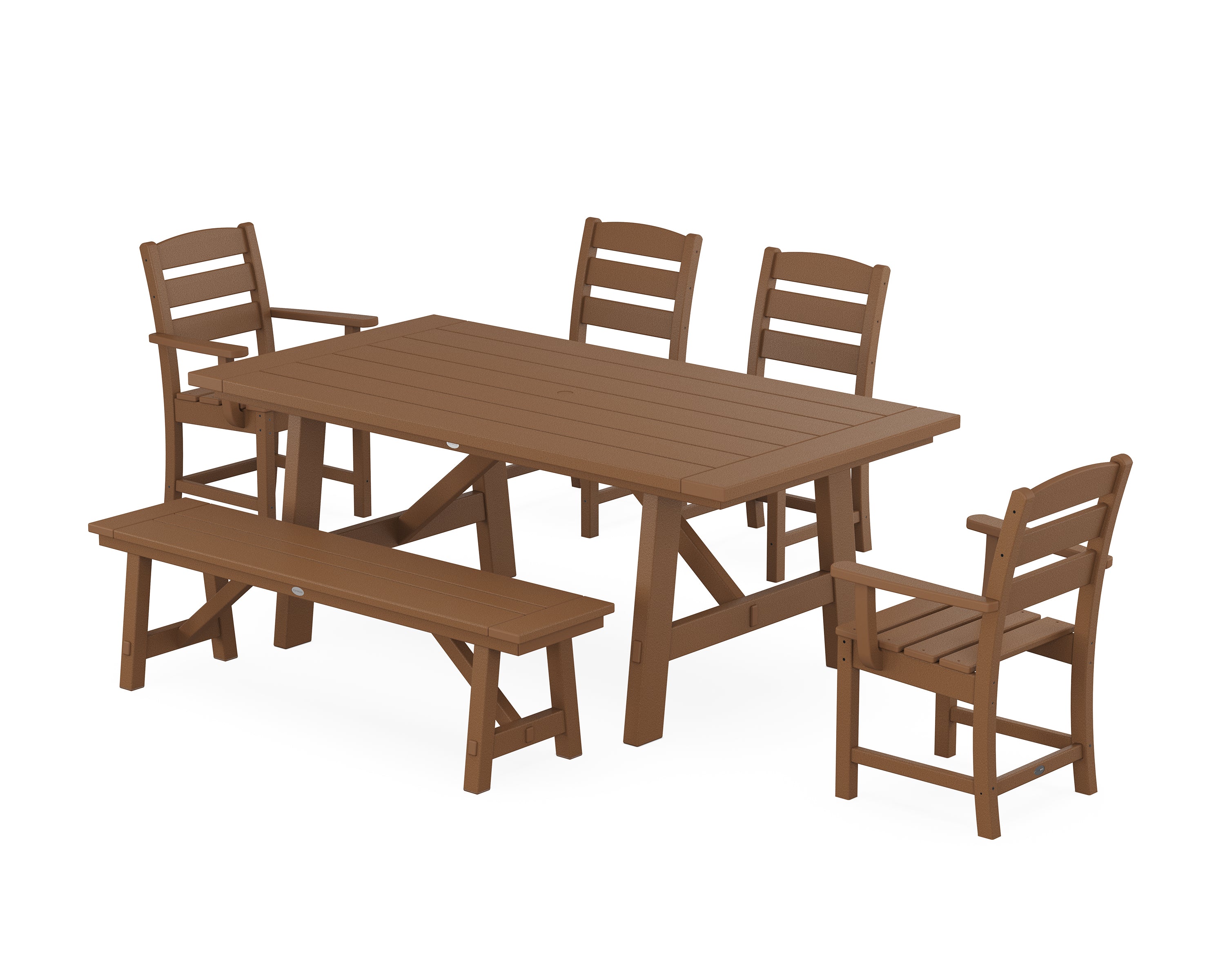 POLYWOOD Lakeside 6-Piece Rustic Farmhouse Dining Set With Bench in Teak