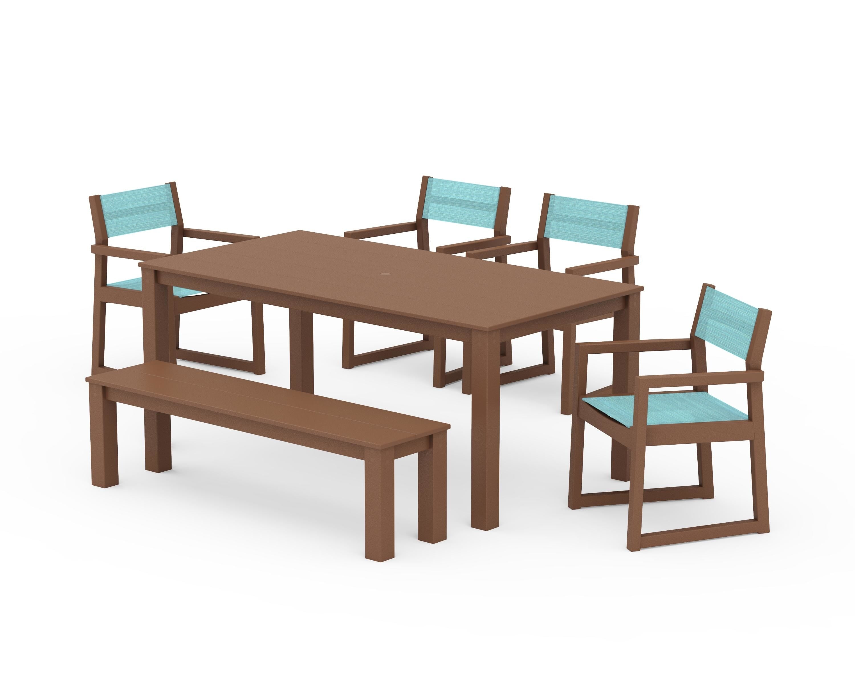 POLYWOOD EDGE Sling Arm Chair 6-Piece Parsons Dining Set with Bench in Teak / Dupioni Aquamarine Sling