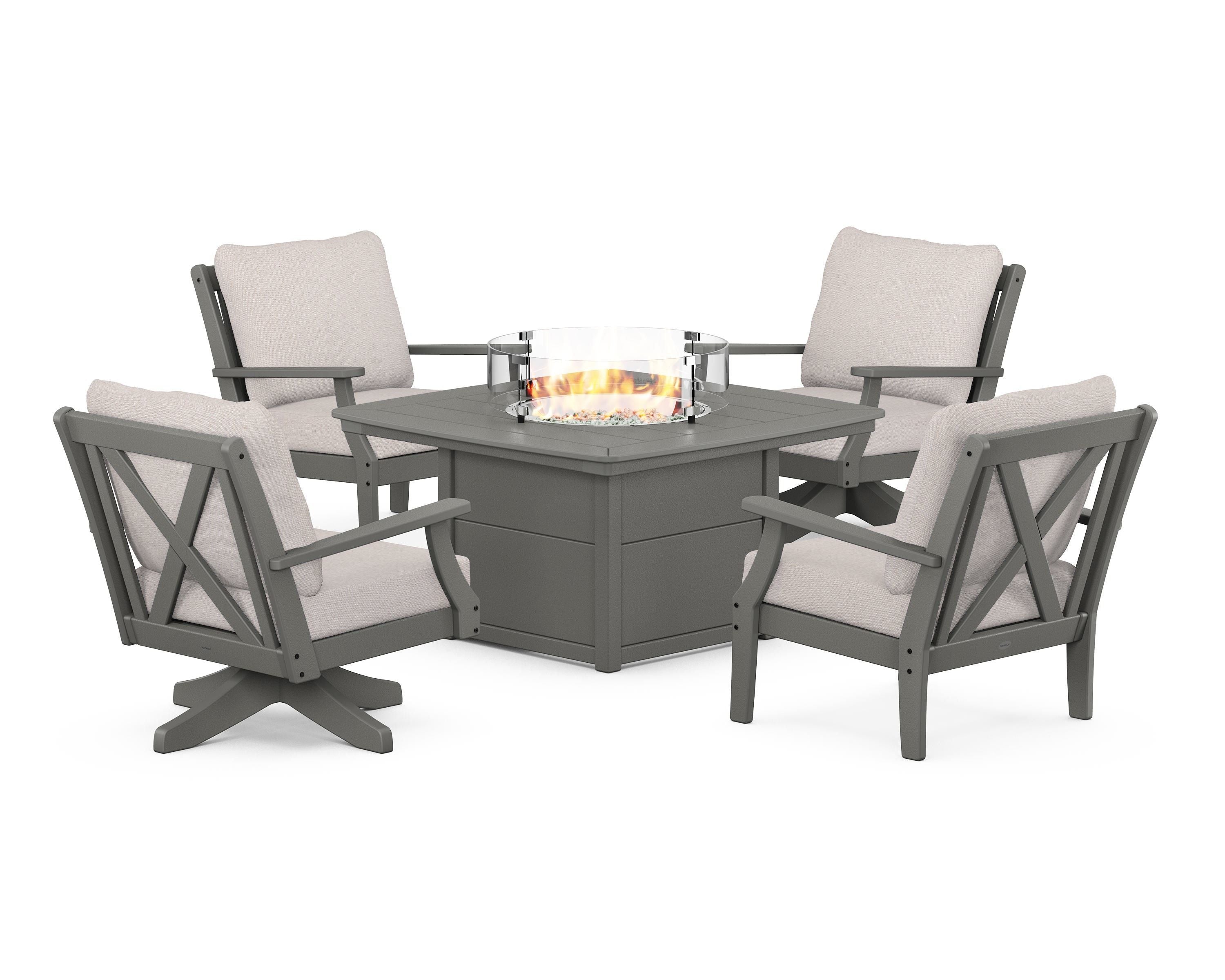 POLYWOOD Braxton 5-Piece Deep Seating Set with Fire Table in Slate Grey / Dune Burlap