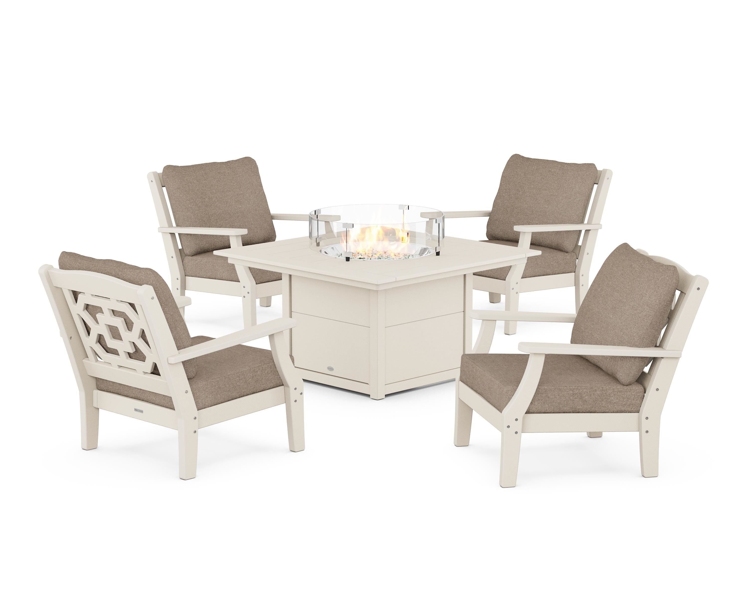 Martha Stewart by POLYWOOD Chinoiserie 5-Piece Deep Seating Set with Fire Pit Table in Sand / Spiced Burlap