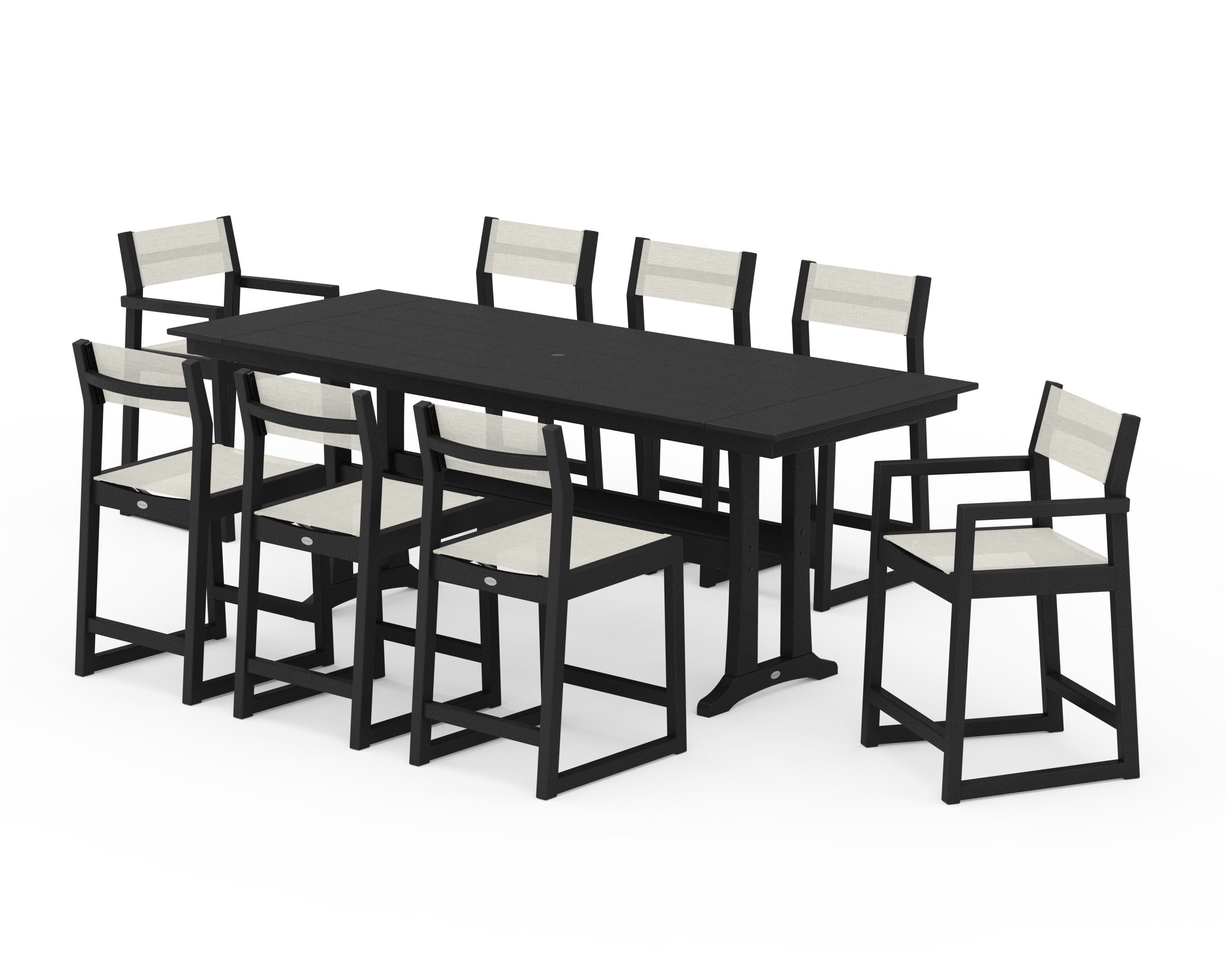 POLYWOOD EDGE Sling 9-Piece Farmhouse Counter Set with Trestle Legs in Black / Parchment Sling