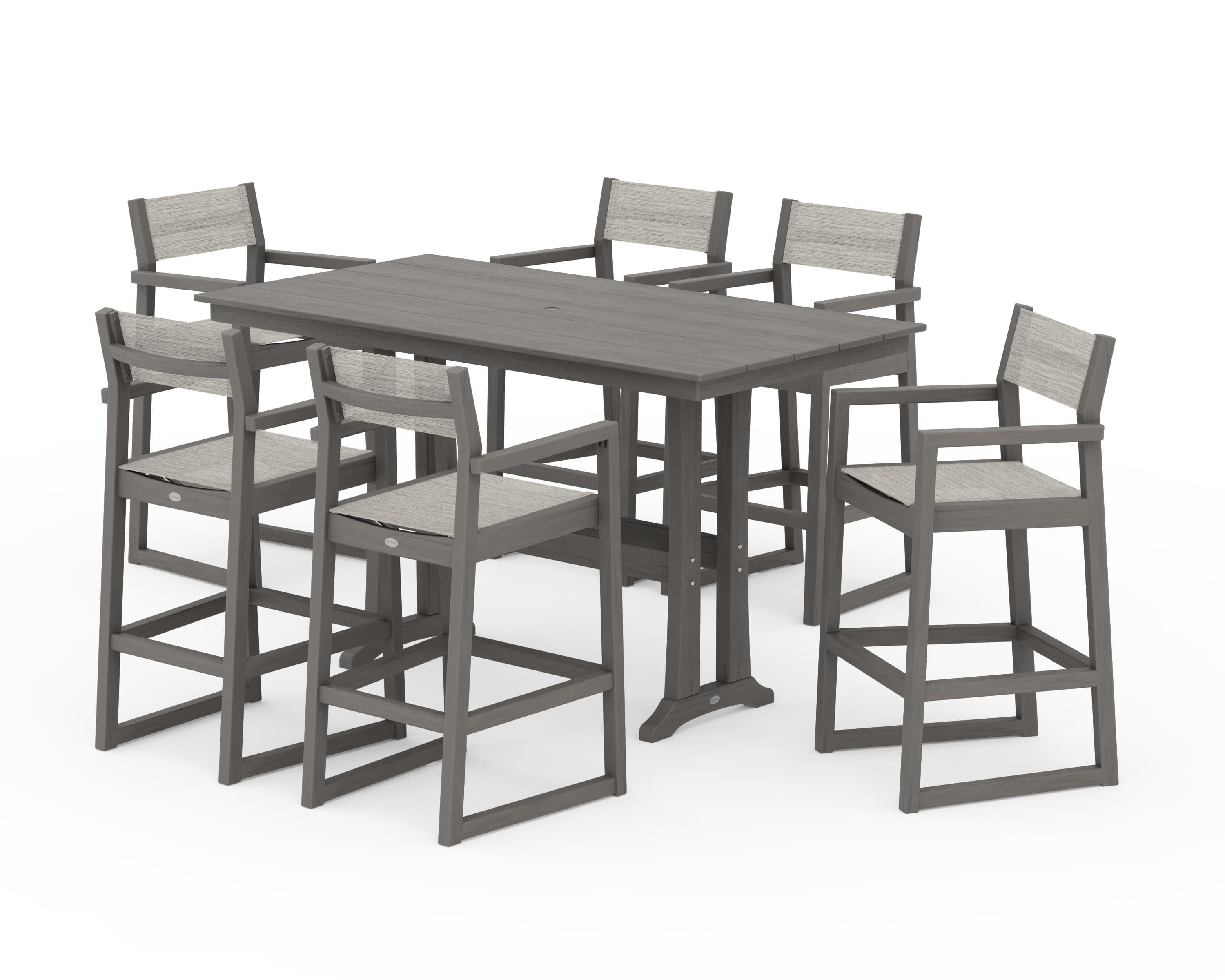 POLYWOOD EDGE Sling Arm Chair 7-Piece Farmhouse Bar Set with Trestle Legs in Driftwood / Birch Sling