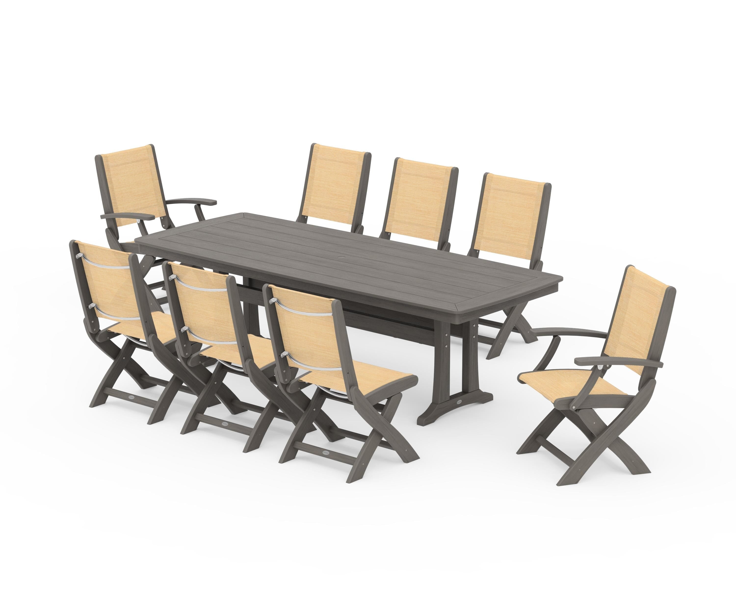 POLYWOOD Coastal Folding 9-Piece Dining Set with Trestle Legs in Driftwood / Dupioni Apricot Sling