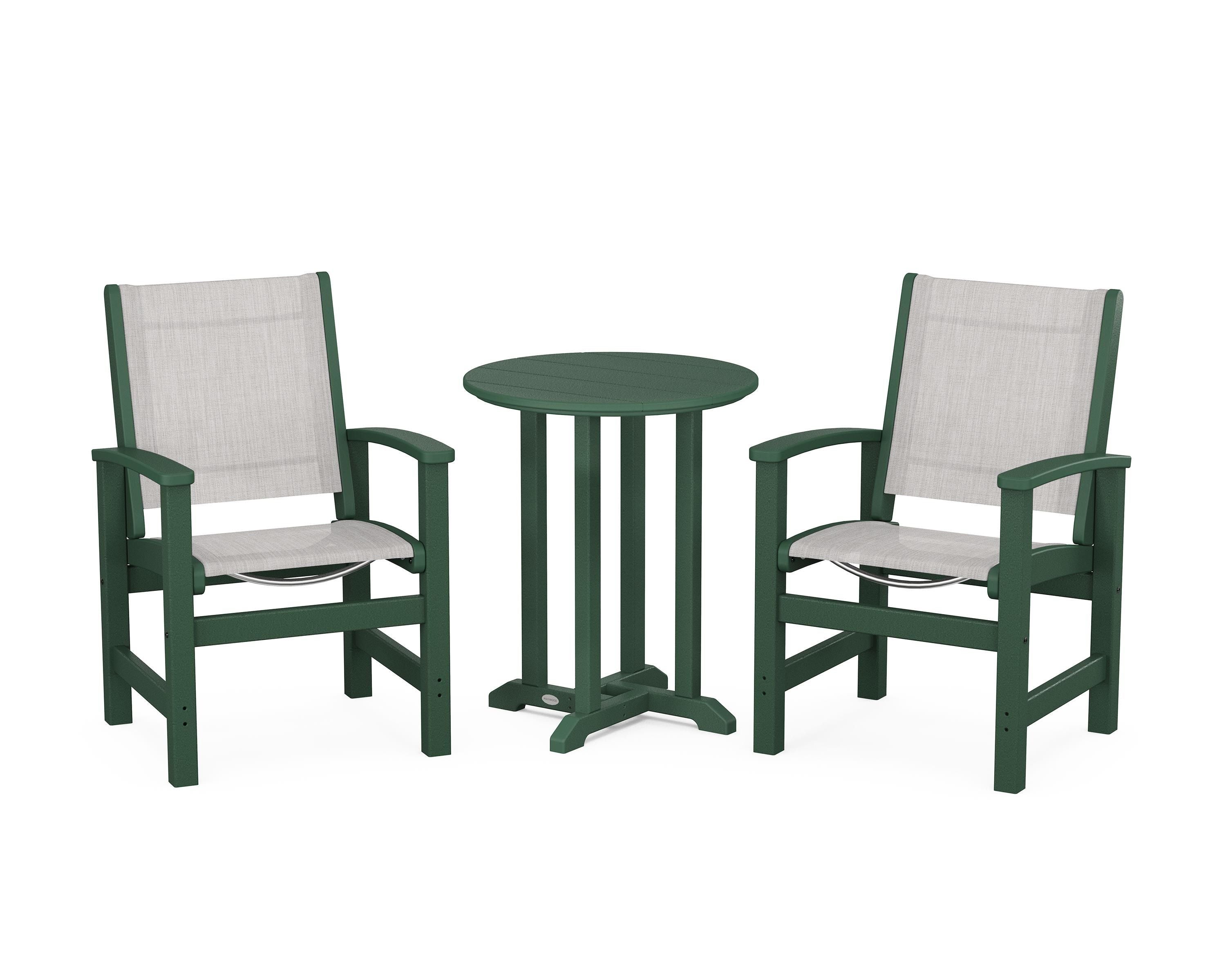 POLYWOOD Coastal 3-Piece Round Bistro Dining Set in Green / Parchment Sling