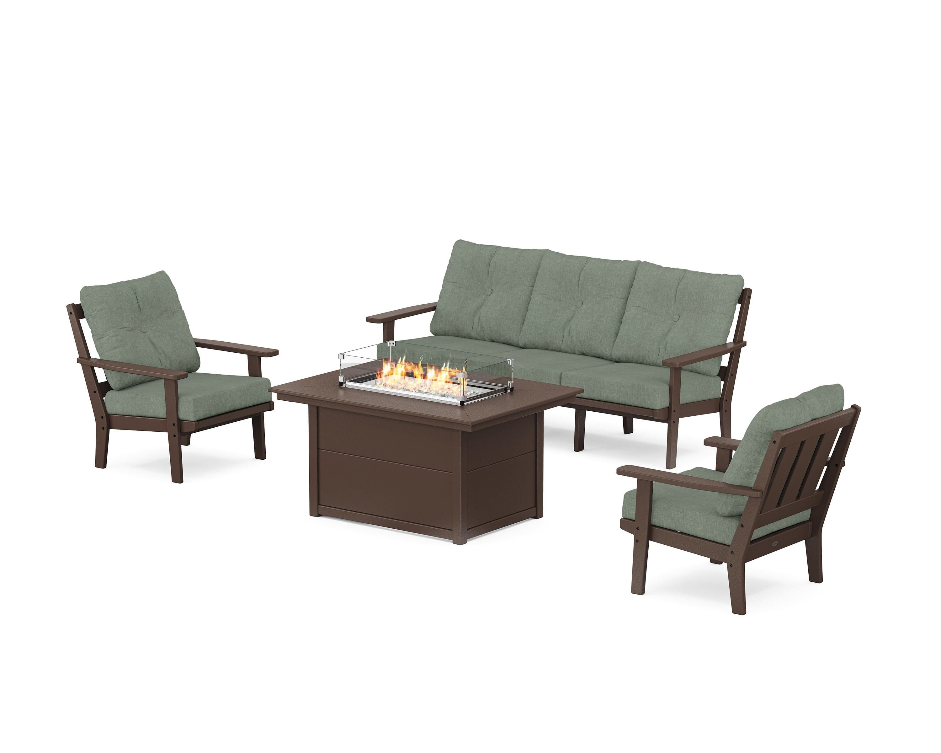 POLYWOOD Oxford Deep Seating Fire Pit Table Set in Mahogany / Cast Sage