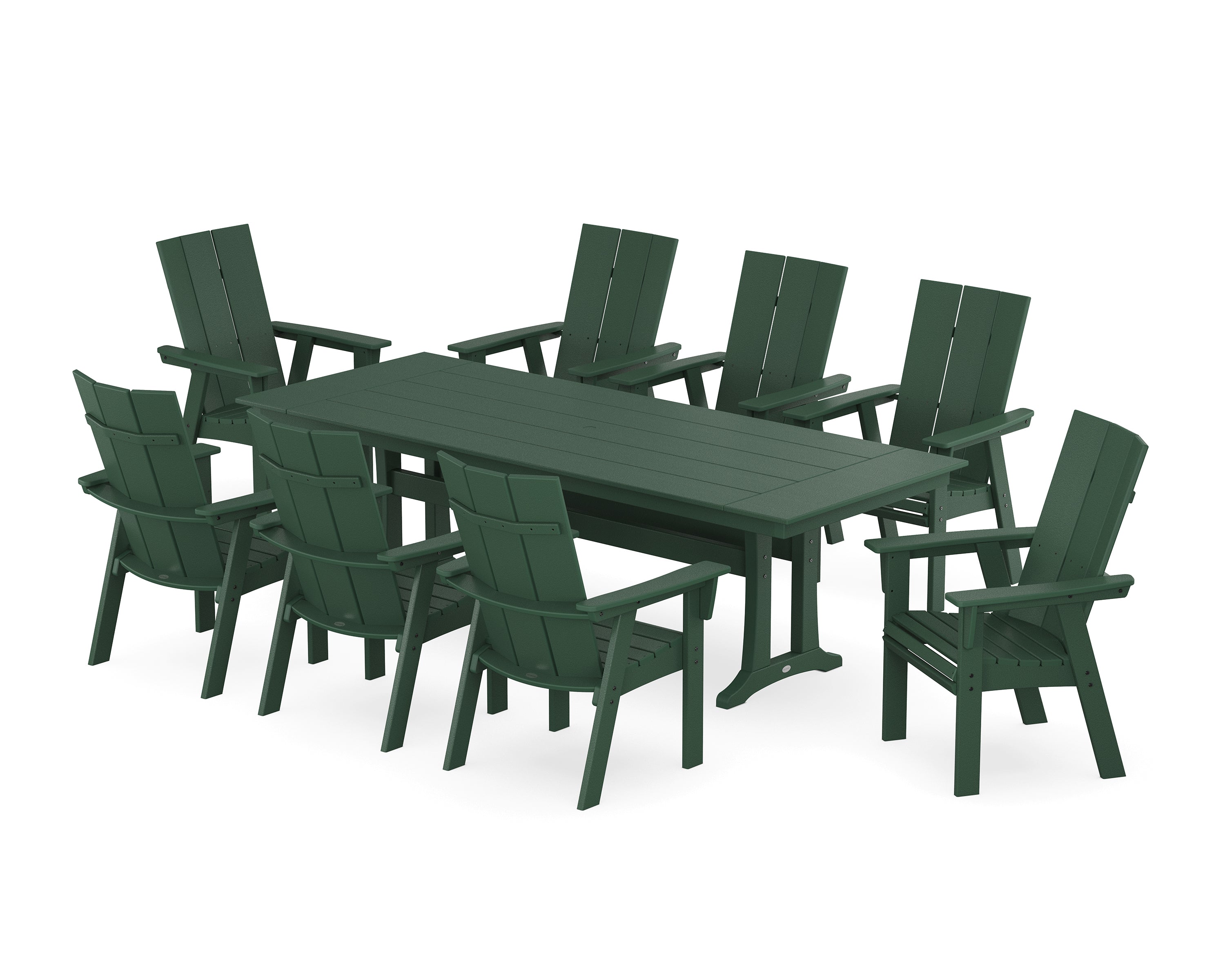 POLYWOOD® Modern Curveback Adirondack 9-Piece Farmhouse Dining Set with Trestle Legs in Green