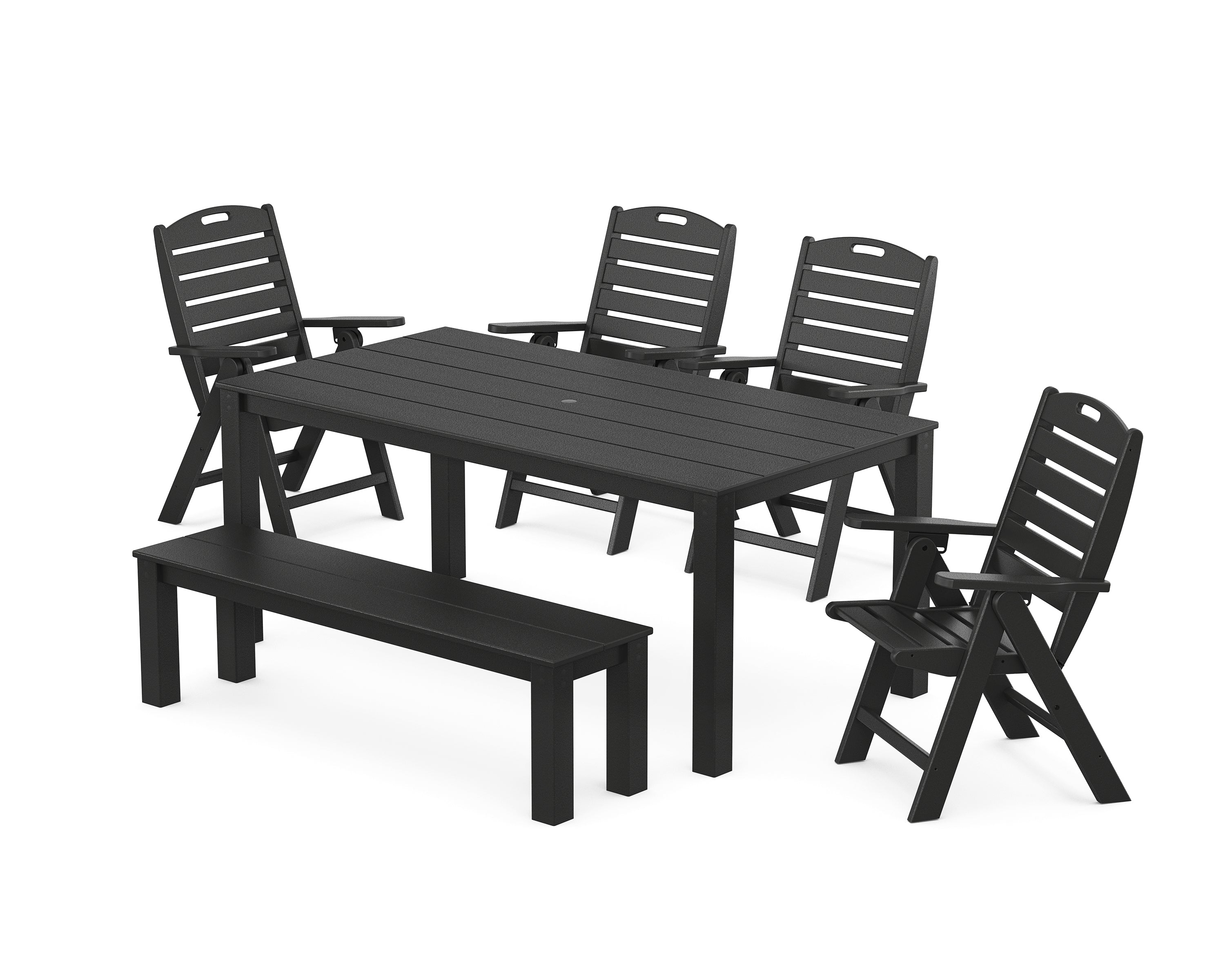 POLYWOOD Nautical Folding Highback Chair 6-Piece Parsons Dining Set with Bench in Black