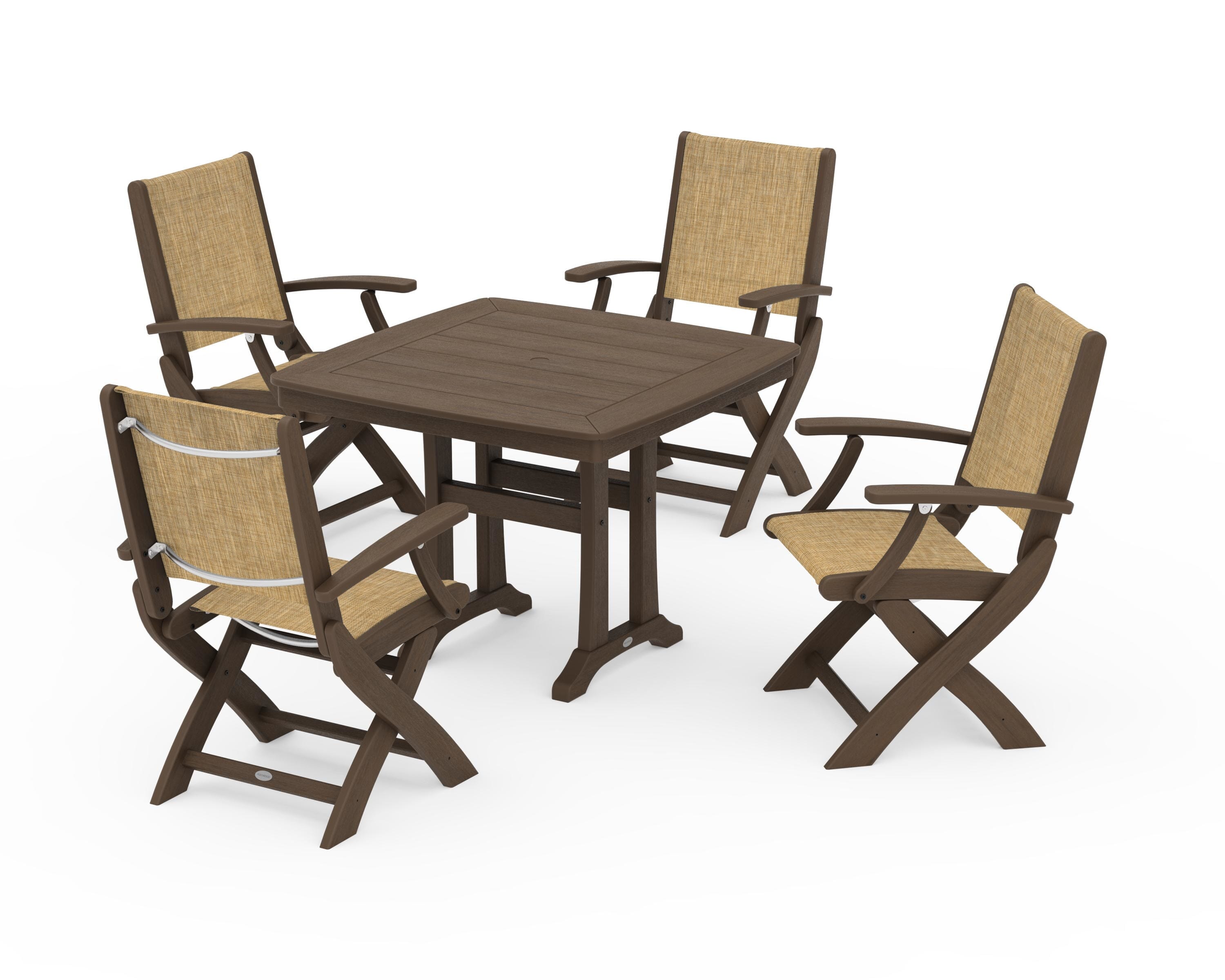 POLYWOOD Coastal Folding Chair 5-Piece Dining Set with Trestle Legs in Kona / Burlap Sling