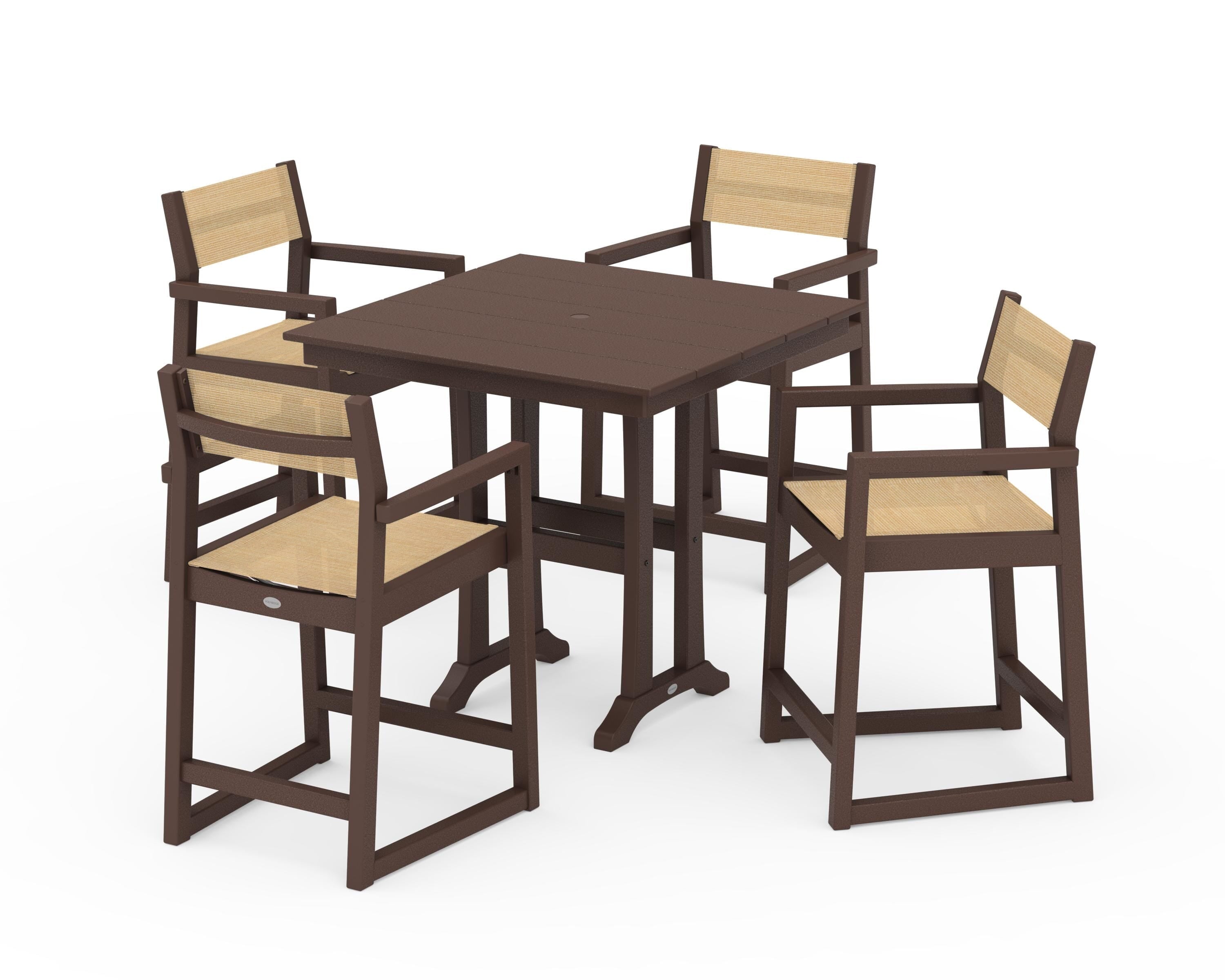 POLYWOOD EDGE Sling Arm Chair 5-Piece Farmhouse Counter Set with Trestle Legs in Mahogany / Dupioni Apricot Sling