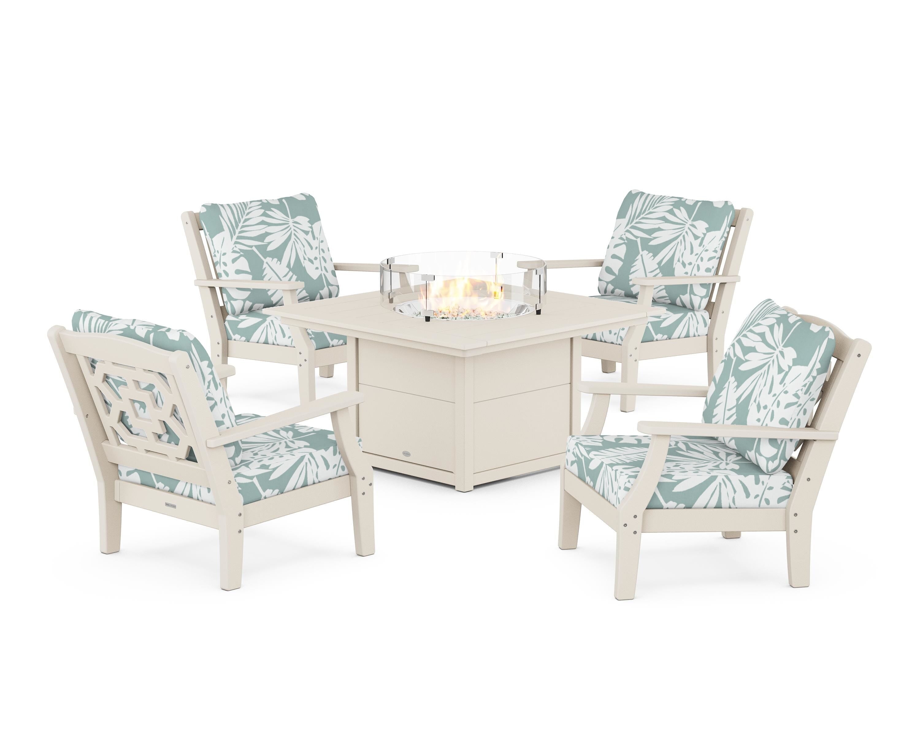 Martha Stewart by POLYWOOD Chinoiserie 5-Piece Deep Seating Set with Fire Pit Table in Sand / Leaf Glacier Spa