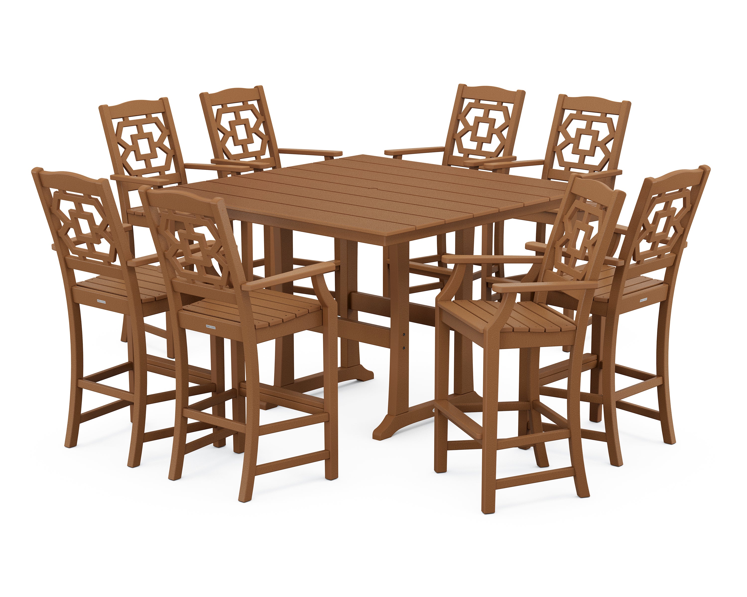 Martha Stewart by POLYWOOD Chinoiserie 9-Piece Square Farmhouse Bar Set with Trestle Legs in Teak