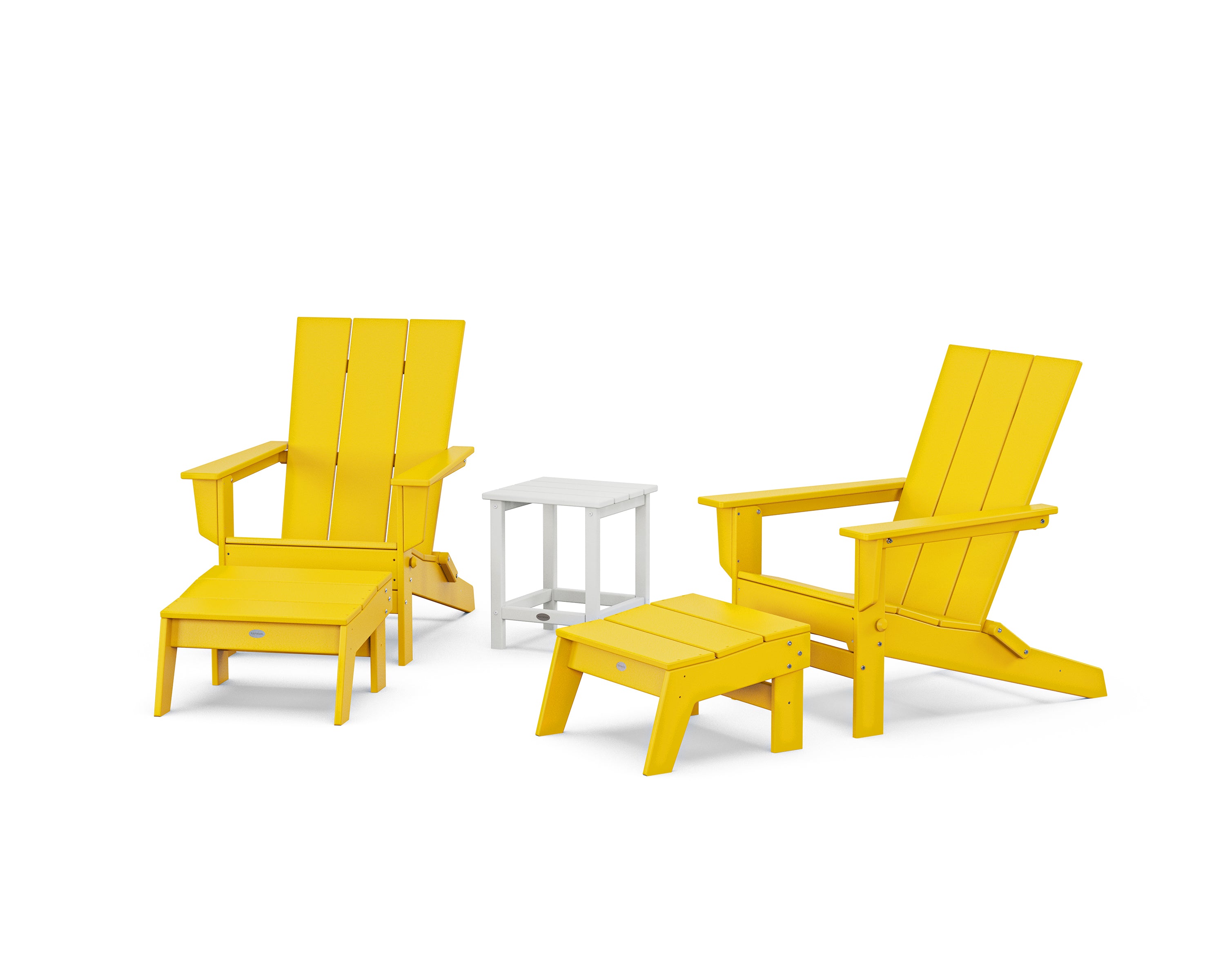 POLYWOOD® 5-Piece Modern Studio Folding Adirondack Set with Ottomans and Side Table in Lemon / White