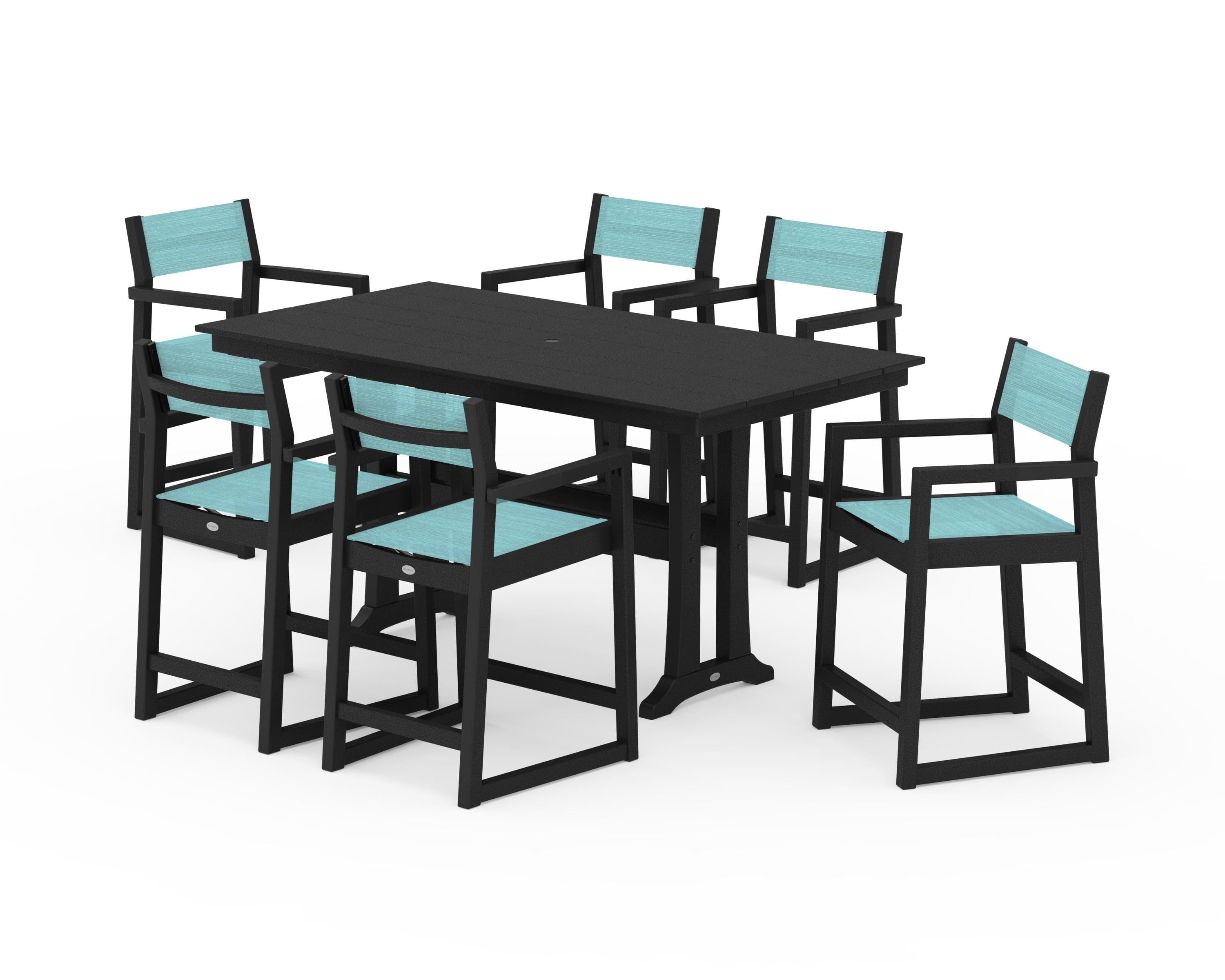 POLYWOOD EDGE Sling Arm Chair 7-Piece Farmhouse Counter Set with Trestle Legs in Black / Dupioni Aquamarine Sling