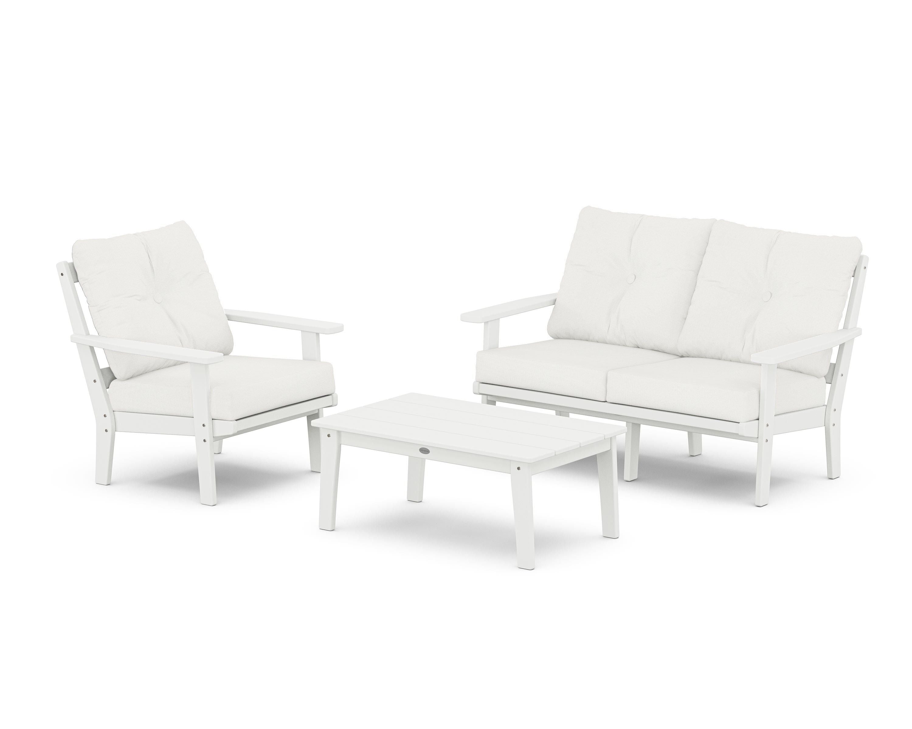 POLYWOOD Prairie 3-Piece Deep Seating Set with Loveseat in White / Natural Linen