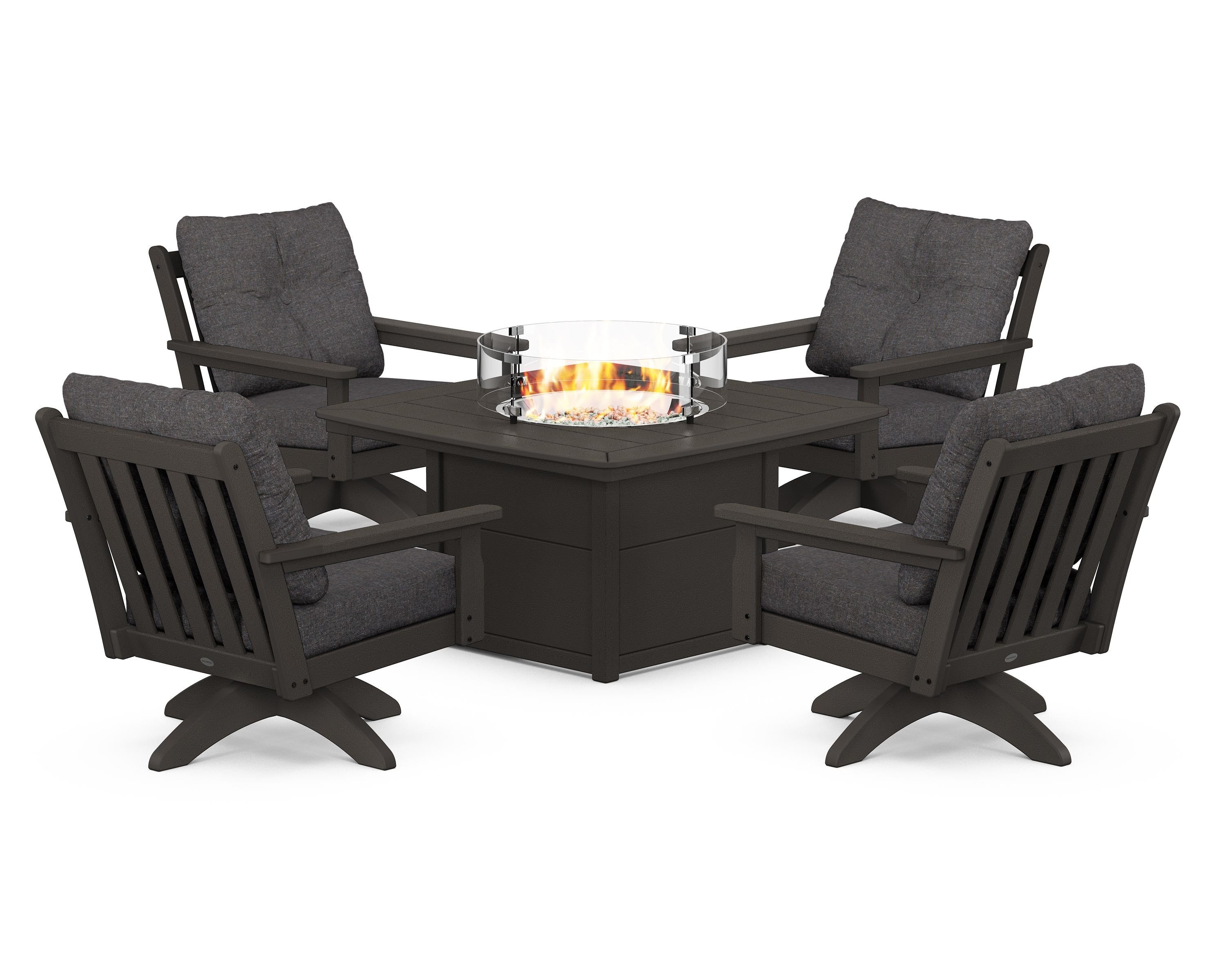 POLYWOOD Vineyard 5-Piece Deep Seating Swivel Conversation Set with Fire Pit Table in Vintage Coffee / Ash Charcoal