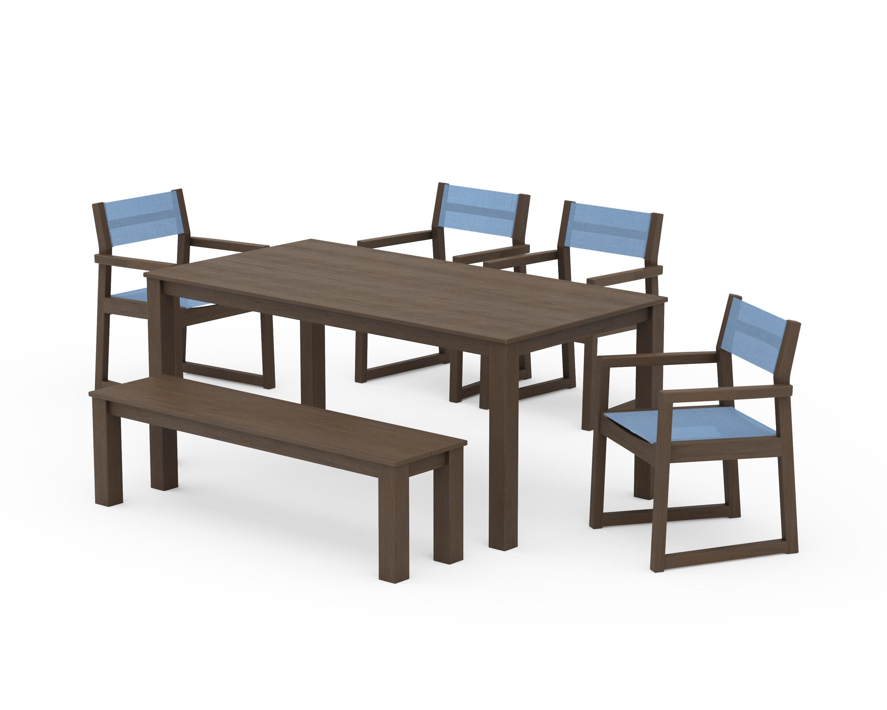 POLYWOOD EDGE Sling Arm Chair 6-Piece Parsons Dining Set with Bench in Kona / Poolside Sling