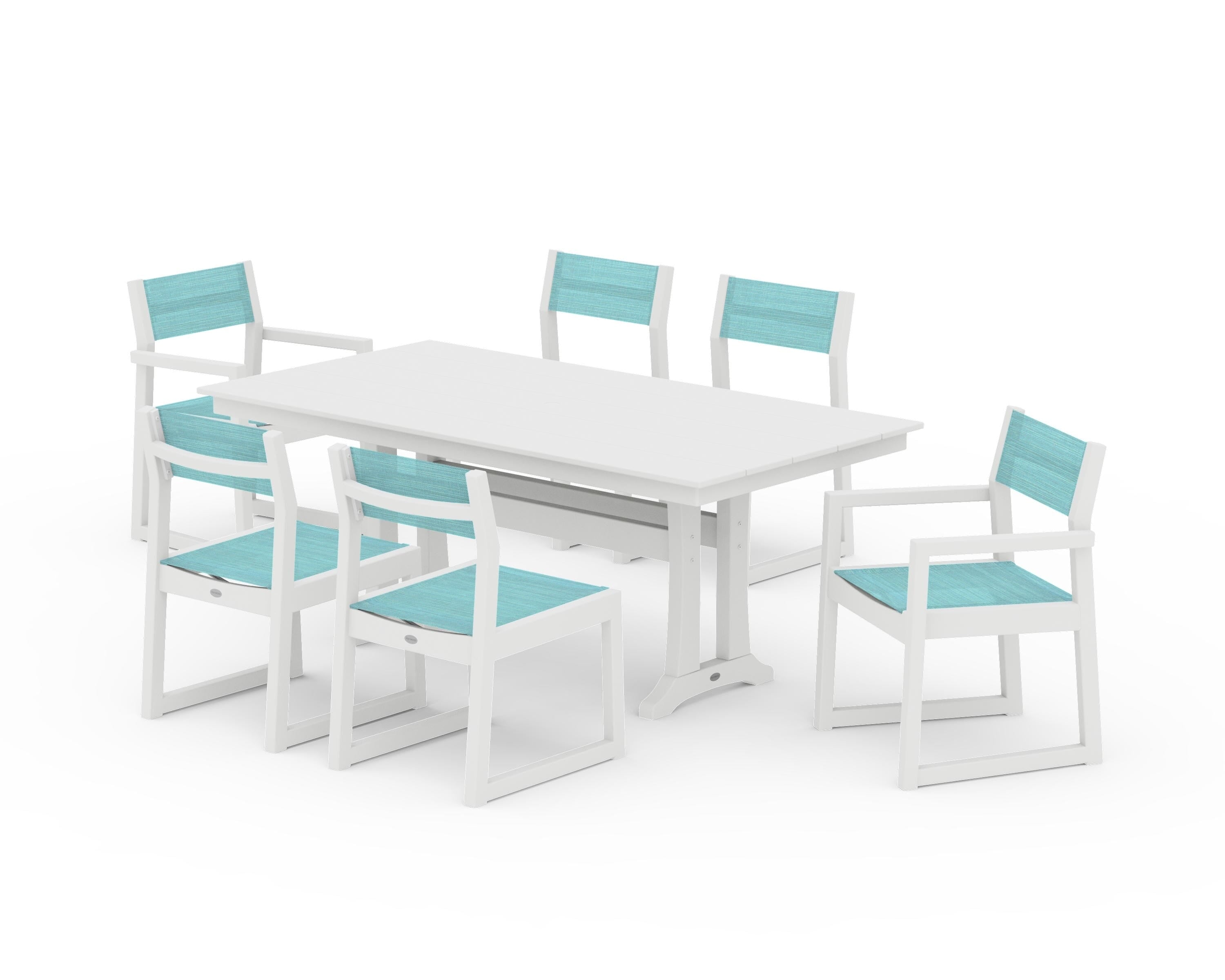 POLYWOOD EDGE Sling 7-Piece Farmhouse Trestle Dining Set in White / Dupioni Aquamarine Sling