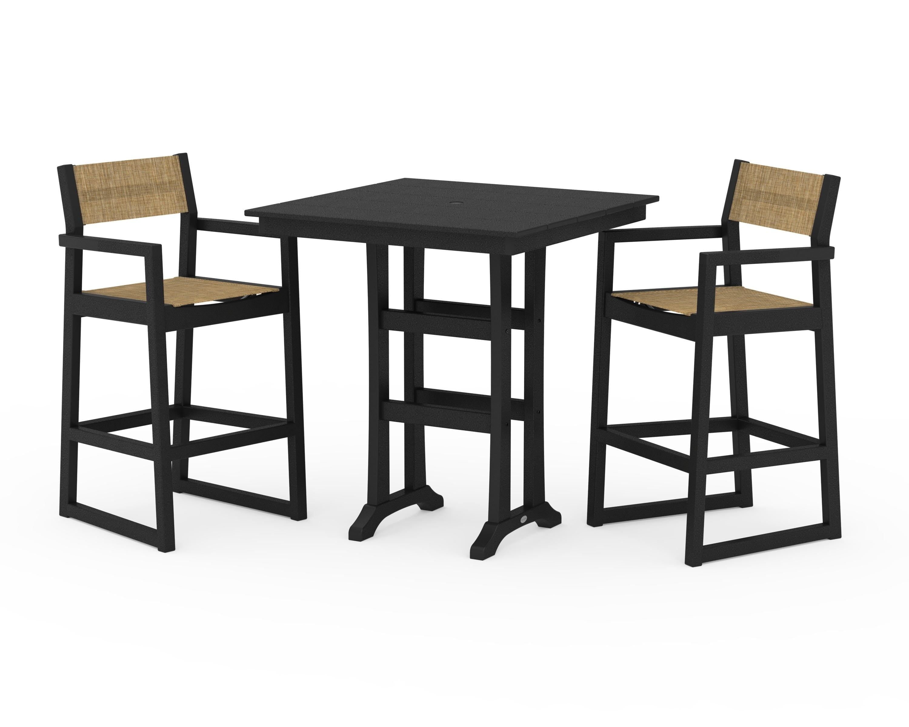 POLYWOOD EDGE Sling Arm Chair 3-Piece Farmhouse Bar Set with Trestle Legs in Black / Burlap Sling