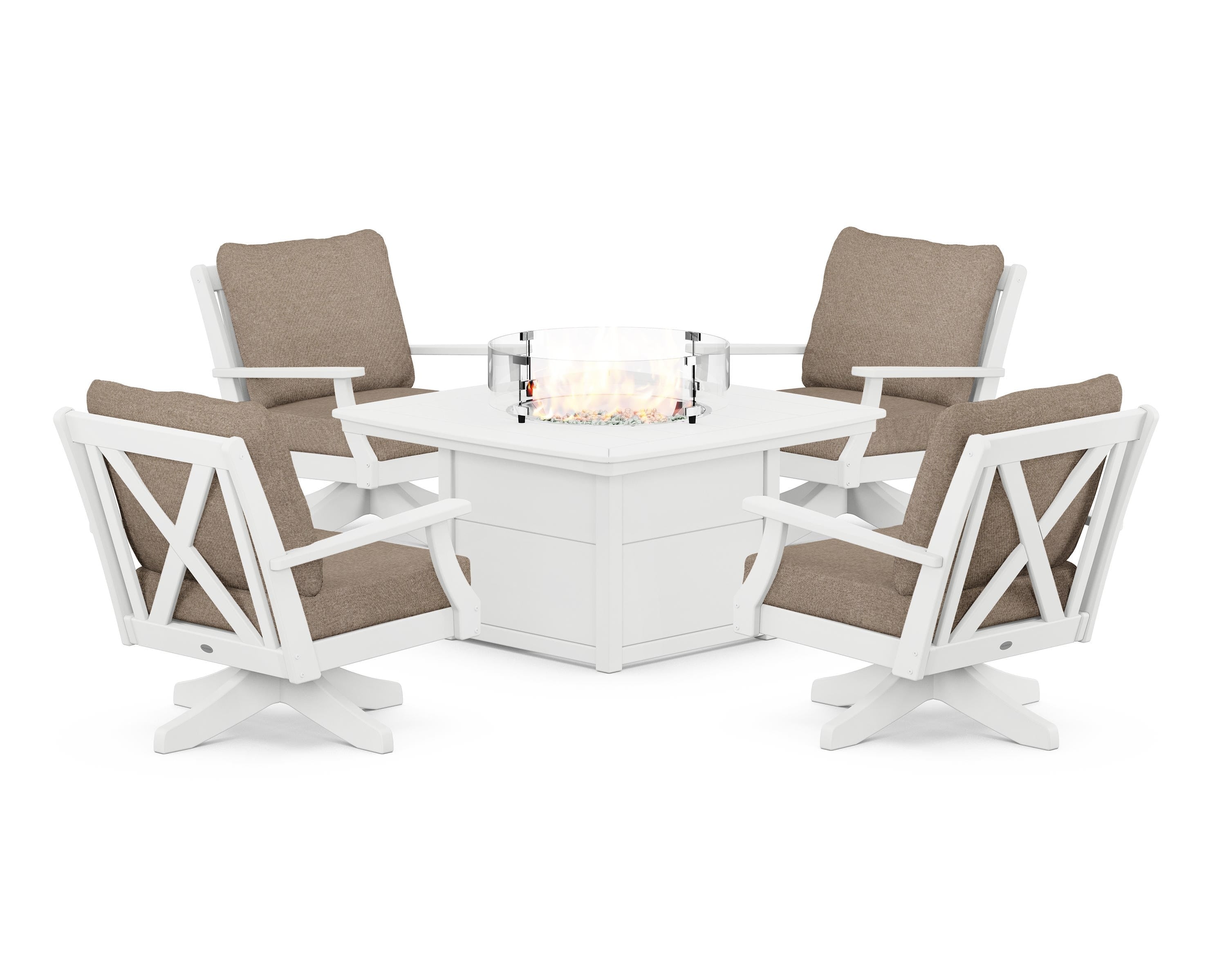 POLYWOOD Braxton 5-Piece Deep Seating Swivel Conversation Set with Fire Pit Table in White / Spiced Burlap