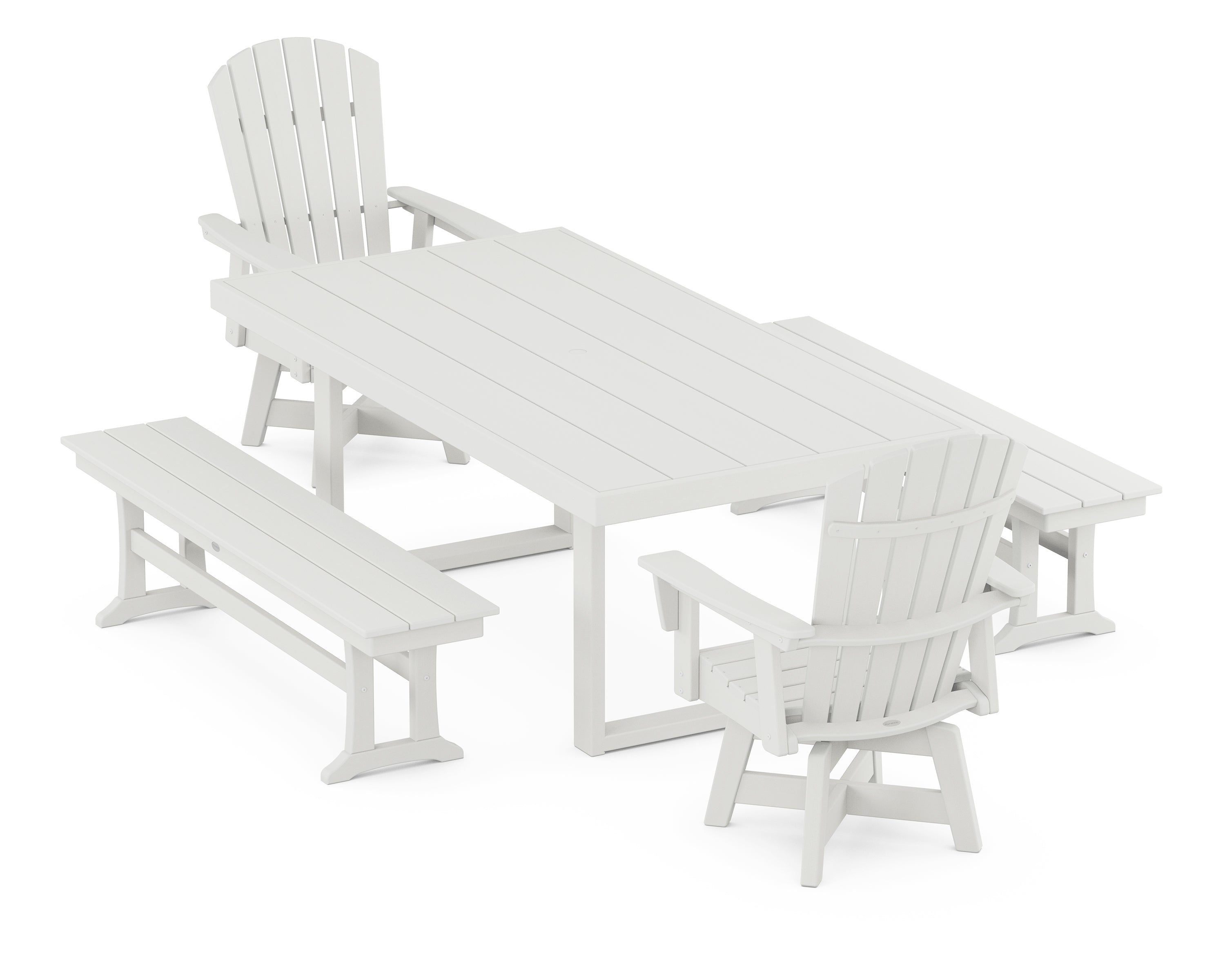 POLYWOOD® Nautical Curveback Adirondack Swivel Chair 5-Piece Dining Set with Benches in Vintage White