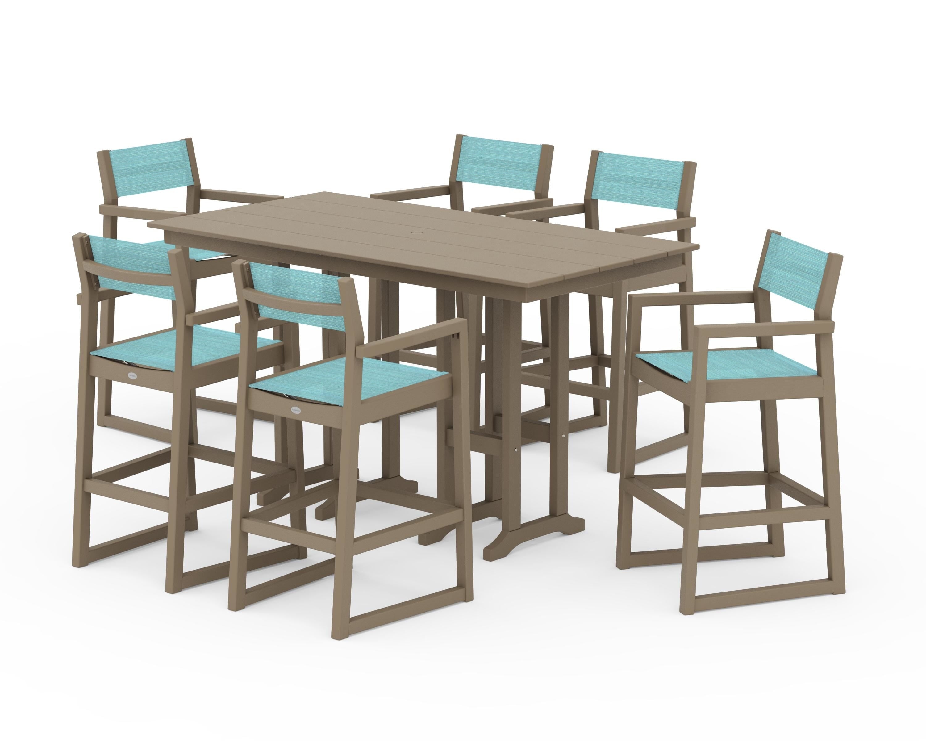 POLYWOOD EDGE Sling Arm Chair 7-Piece Farmhouse Bar Set in Vintage Sahara / Dupioni Aquamarine Sling
