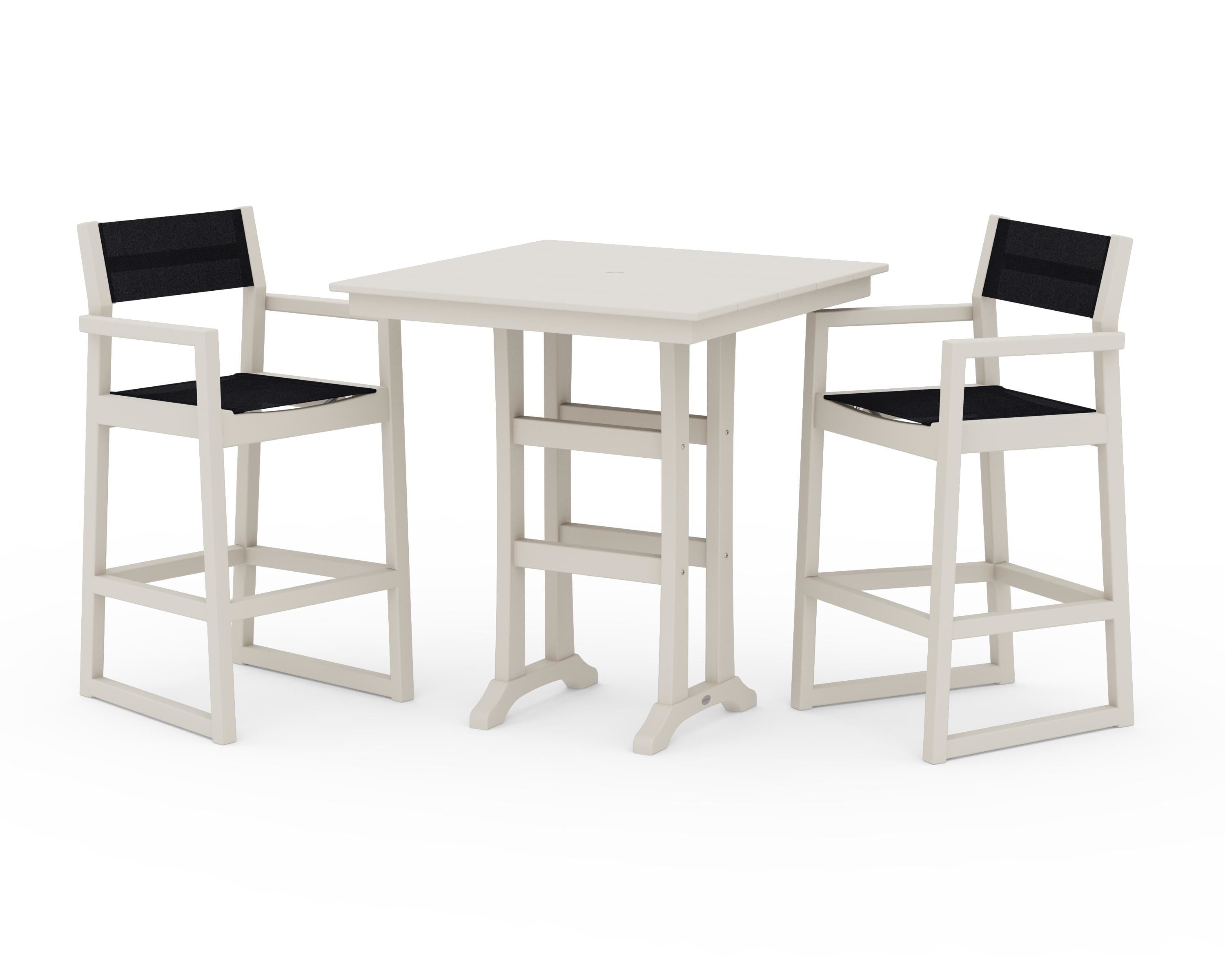 POLYWOOD EDGE Sling Arm Chair 3-Piece Farmhouse Bar Set with Trestle Legs in Sand / Black Sling