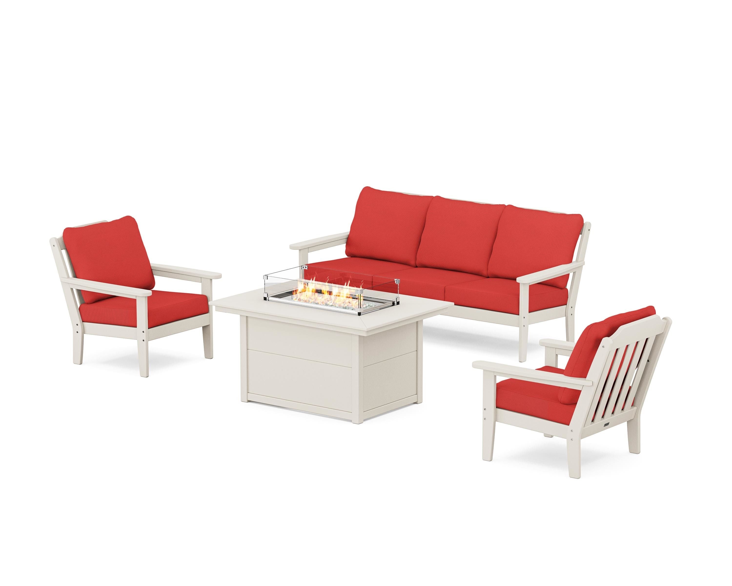 Country Living Cottage Deep Seating Fire Pit Table Set in Sand / Crimson Linen