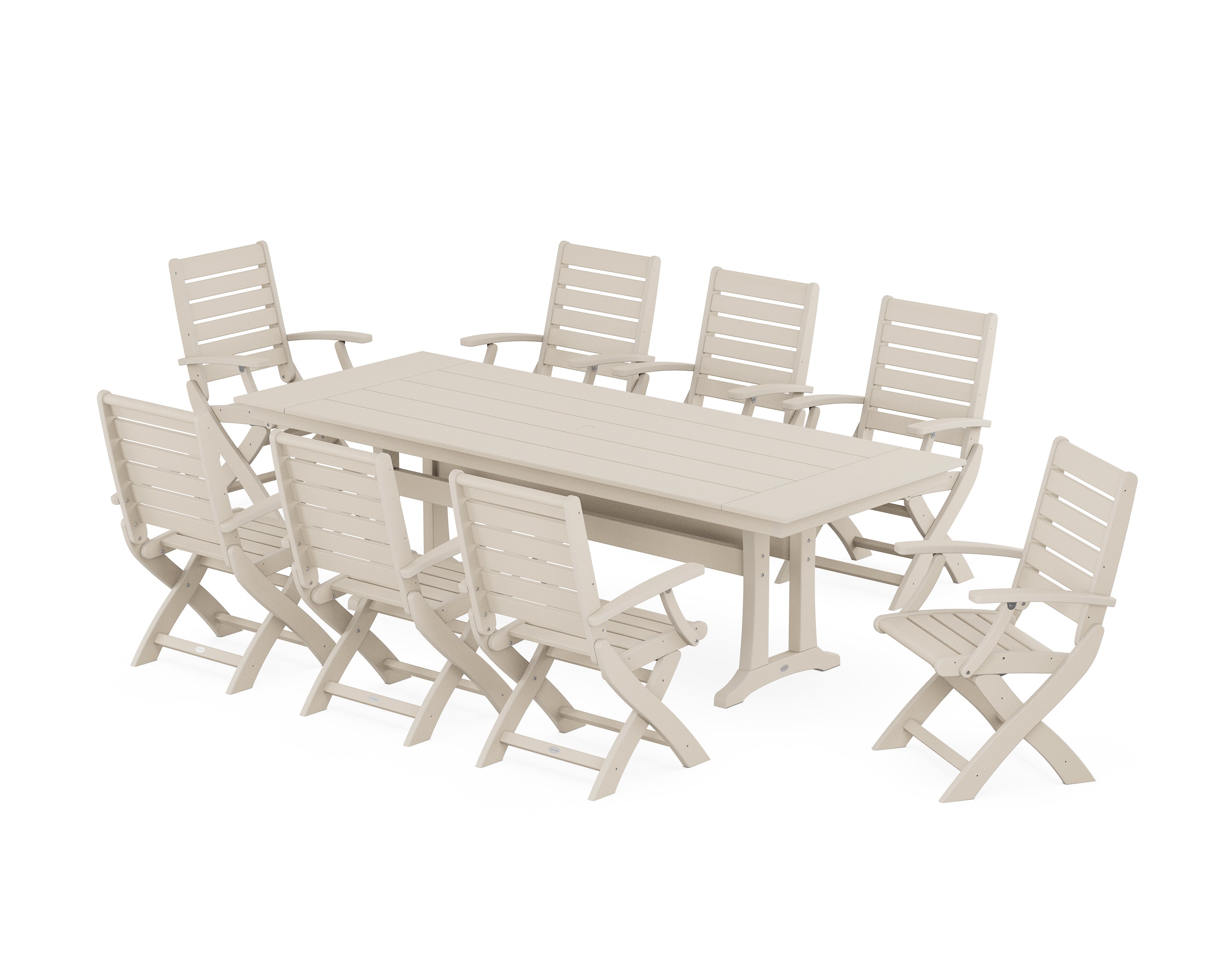 POLYWOOD® Signature Folding 9-Piece Farmhouse Trestle Dining Set with Trestle Legs in Sand