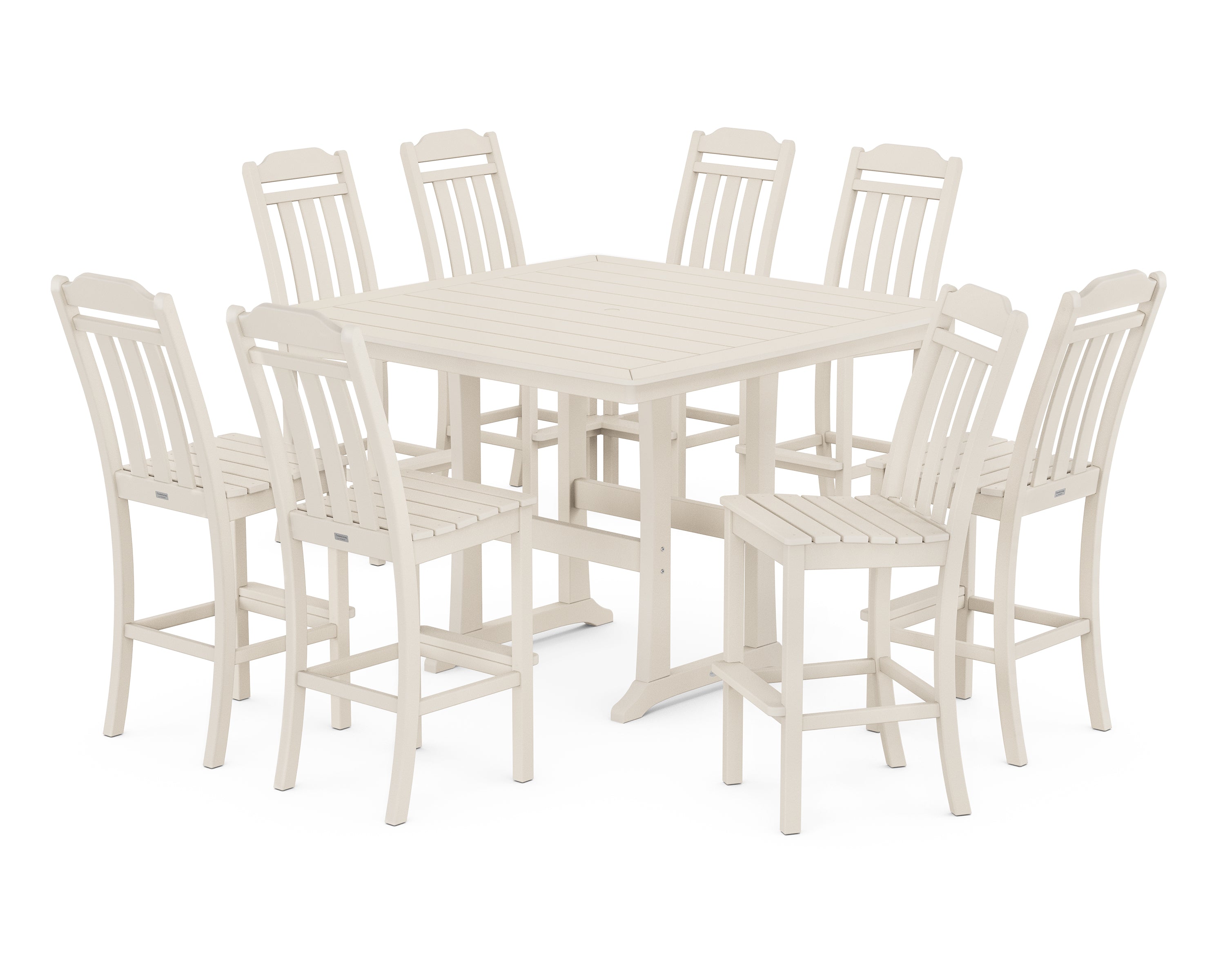 POLYWOOD Country Living 9-Piece Square Side Chair Bar Set with Trestle Legs in Sand