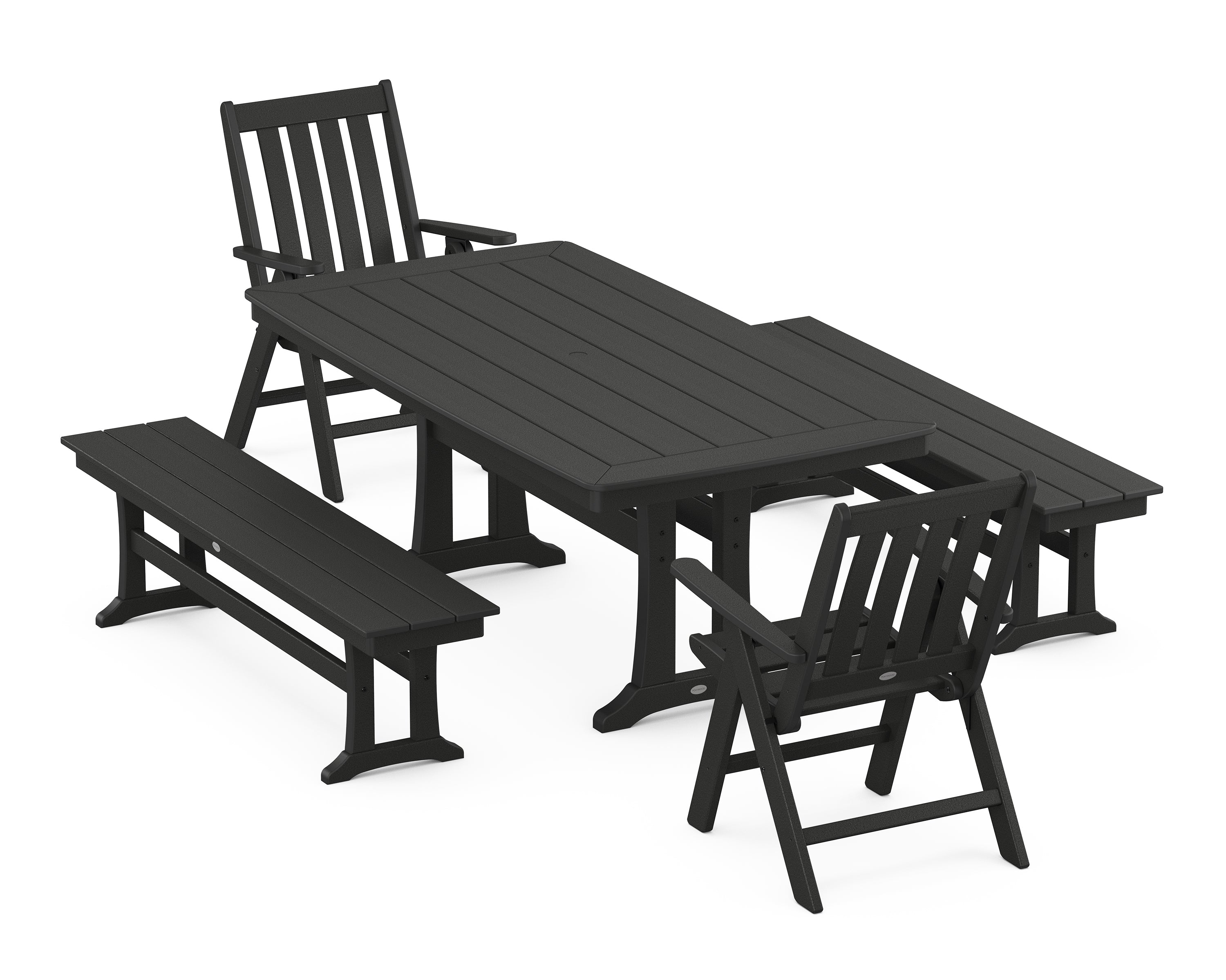 POLYWOOD Vineyard Folding Chair 5-Piece Dining Set with Trestle Legs and Benches in Black
