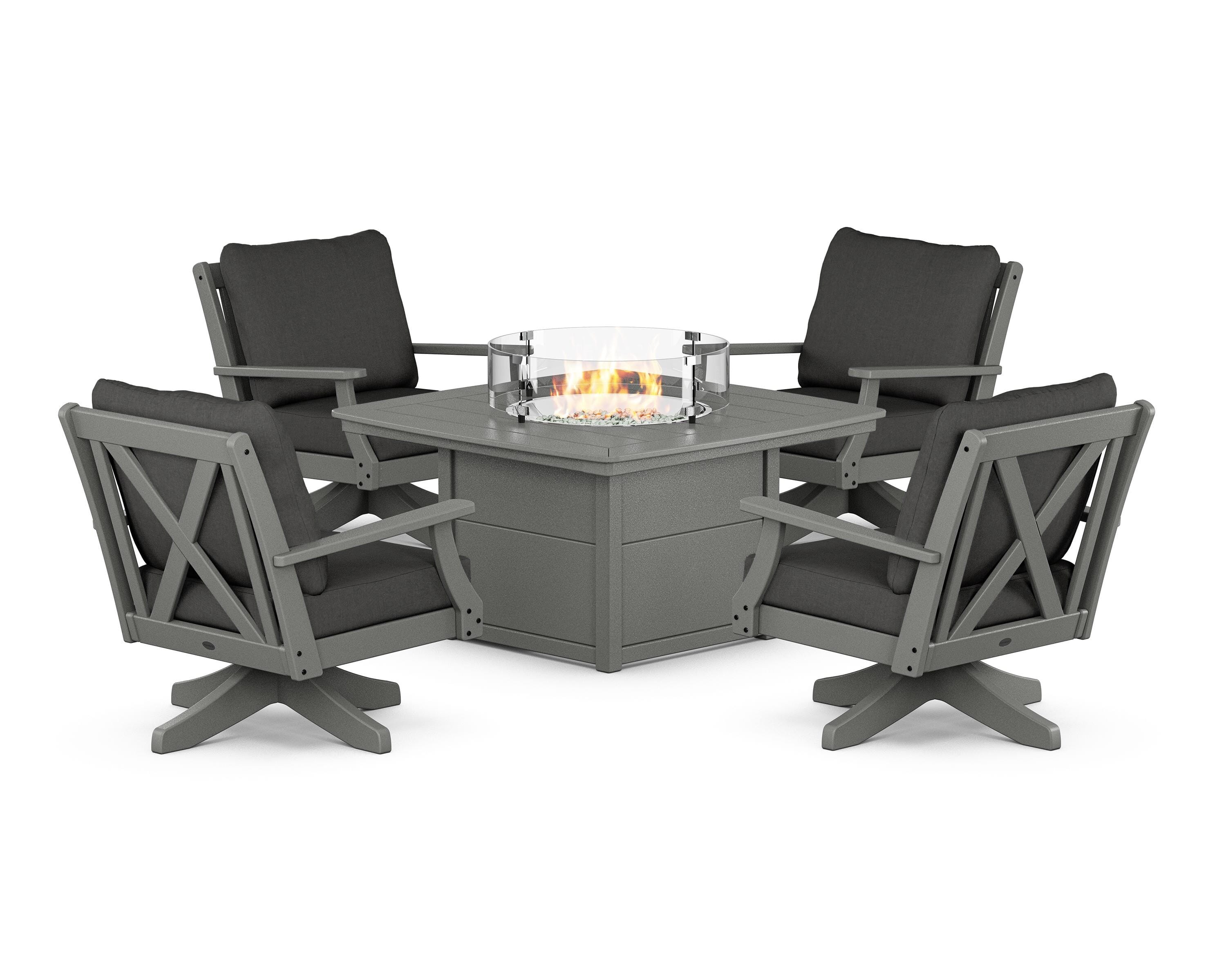 POLYWOOD Braxton 5-Piece Deep Seating Swivel Conversation Set with Fire Pit Table in Slate Grey / Spectrum Carbon