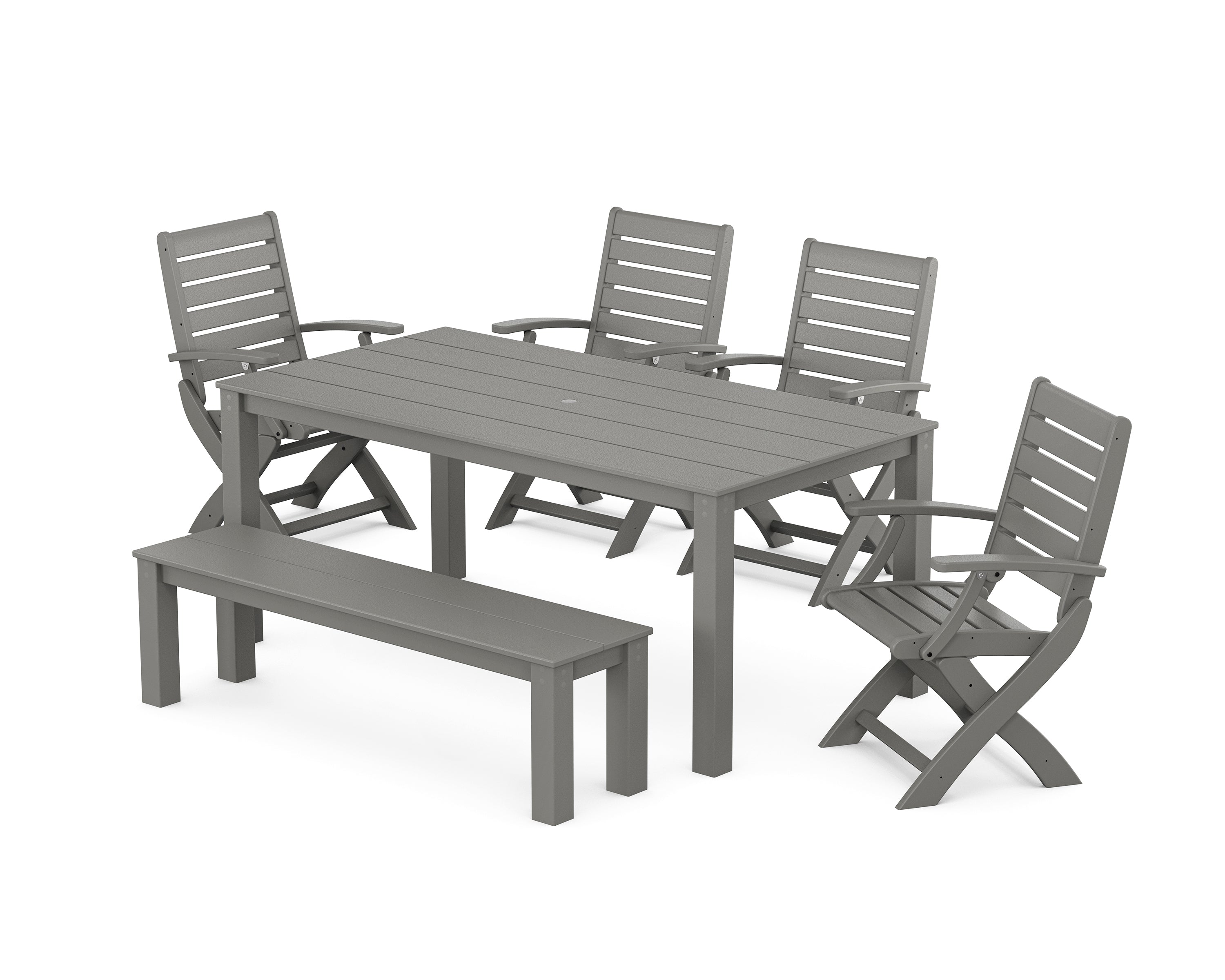 POLYWOOD Signature Folding Chair 6-Piece Parsons Dining Set with Bench in Slate Grey