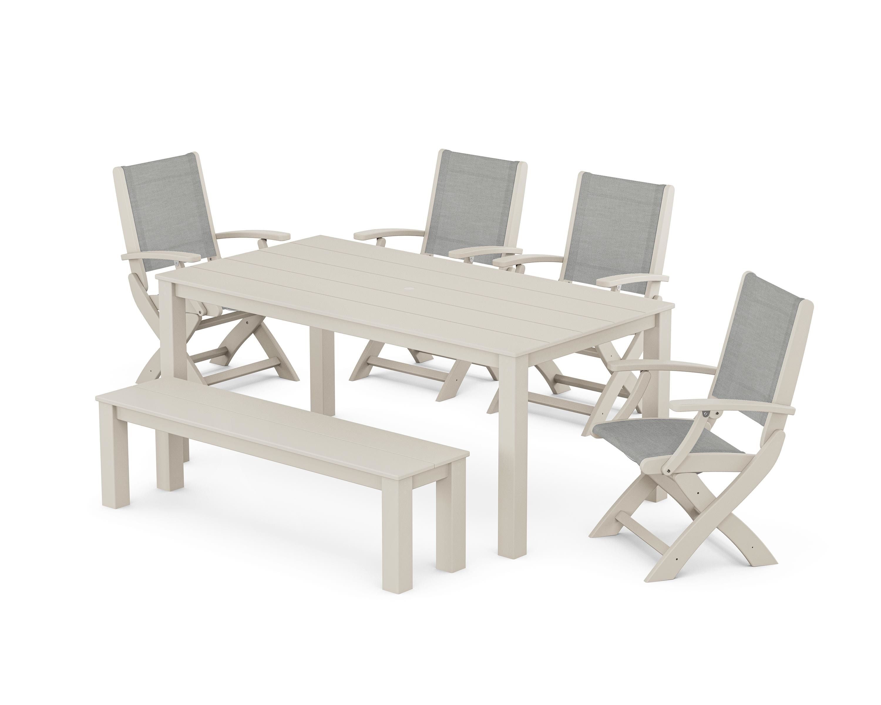 POLYWOOD Coastal Folding Chair 6-Piece Parsons Dining Set with Bench in Sand / Metallic Sling