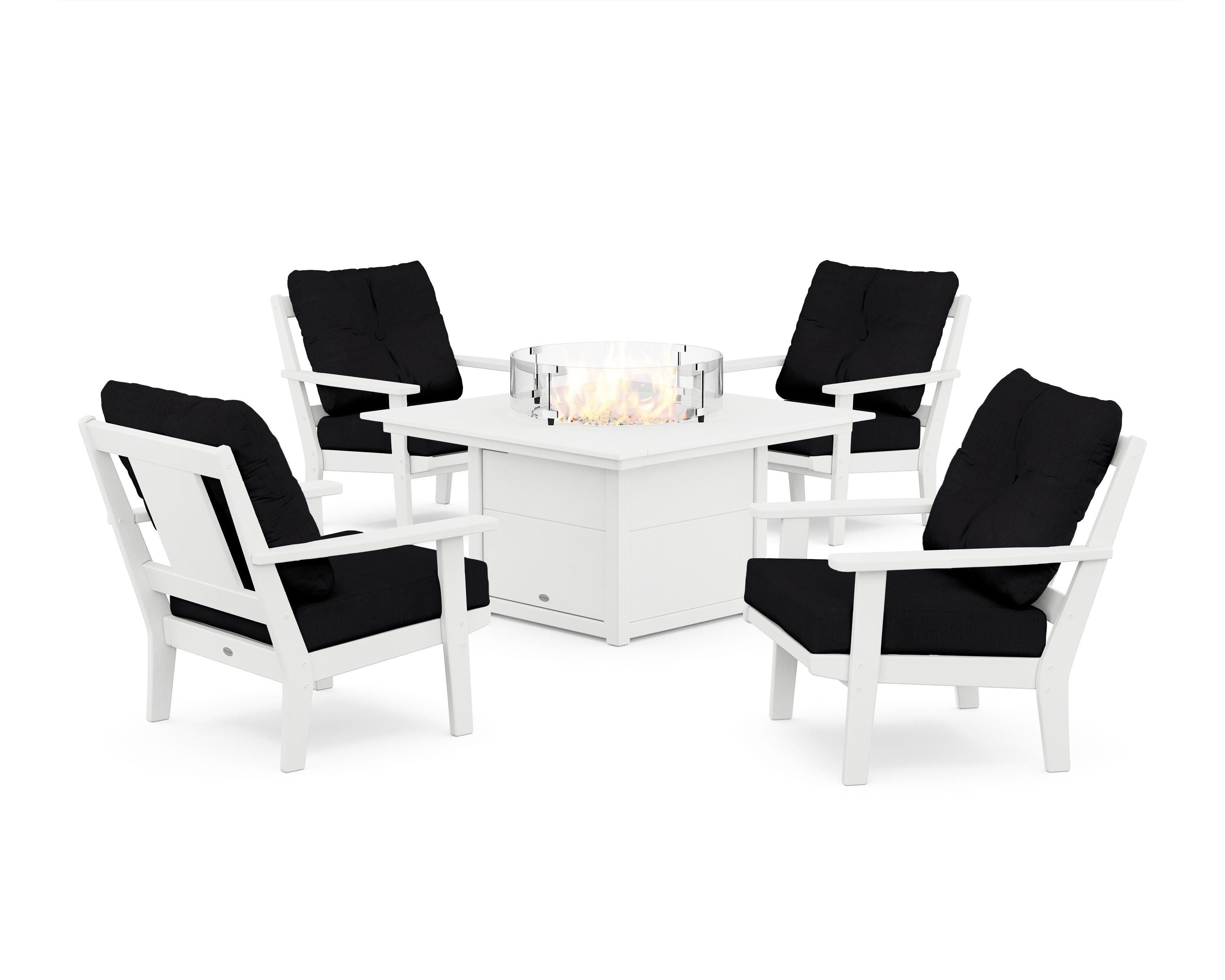 POLYWOOD Prairie 5-Piece Deep Seating Set with Fire Pit Table in White / Midnight Linen