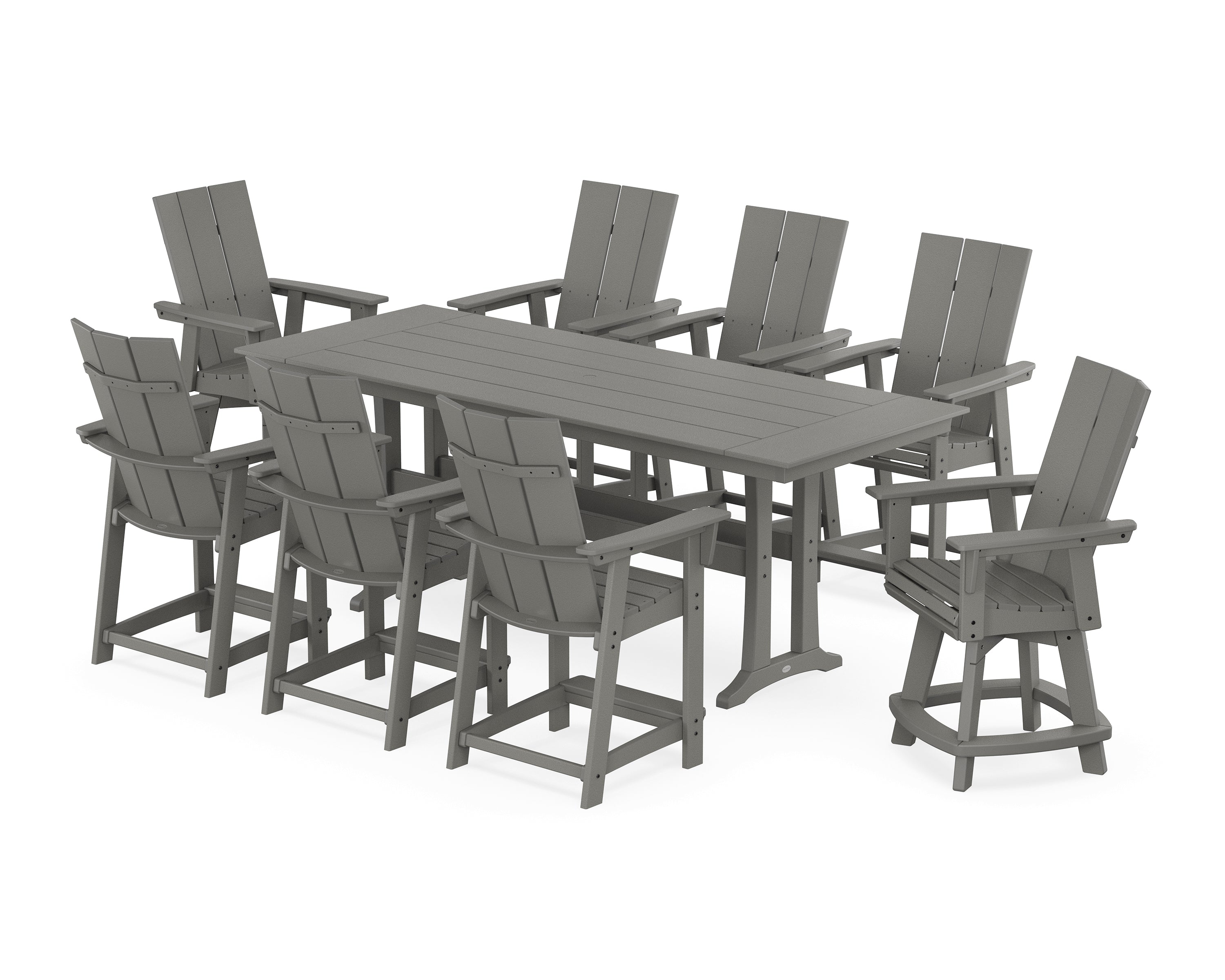 POLYWOOD® Modern Curveback Adirondack Swivel 9-Piece Farmhouse Counter Set with Trestle Legs in Slate Grey