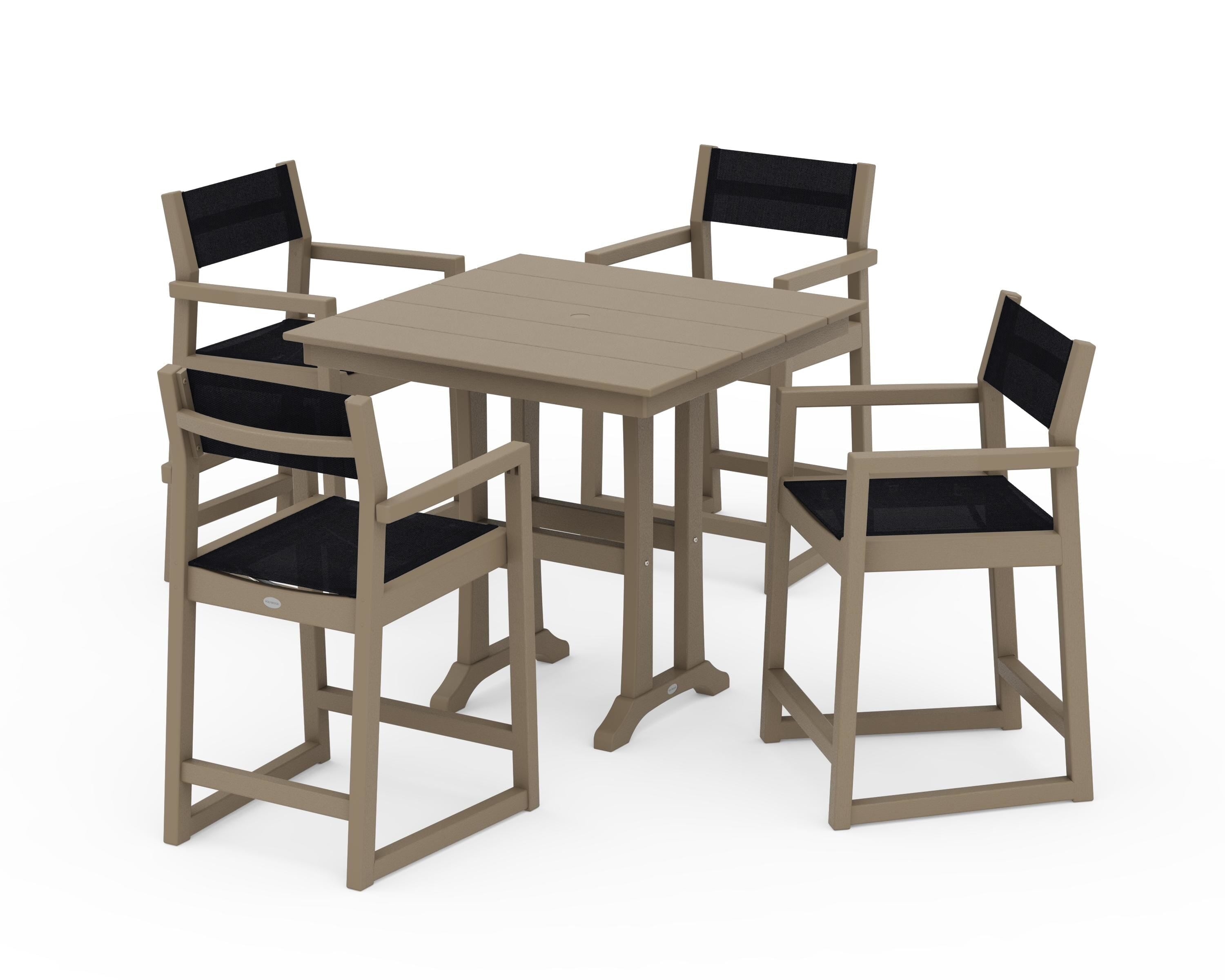 POLYWOOD EDGE Sling Arm Chair 5-Piece Farmhouse Counter Set with Trestle Legs in Vintage Sahara / Black Sling