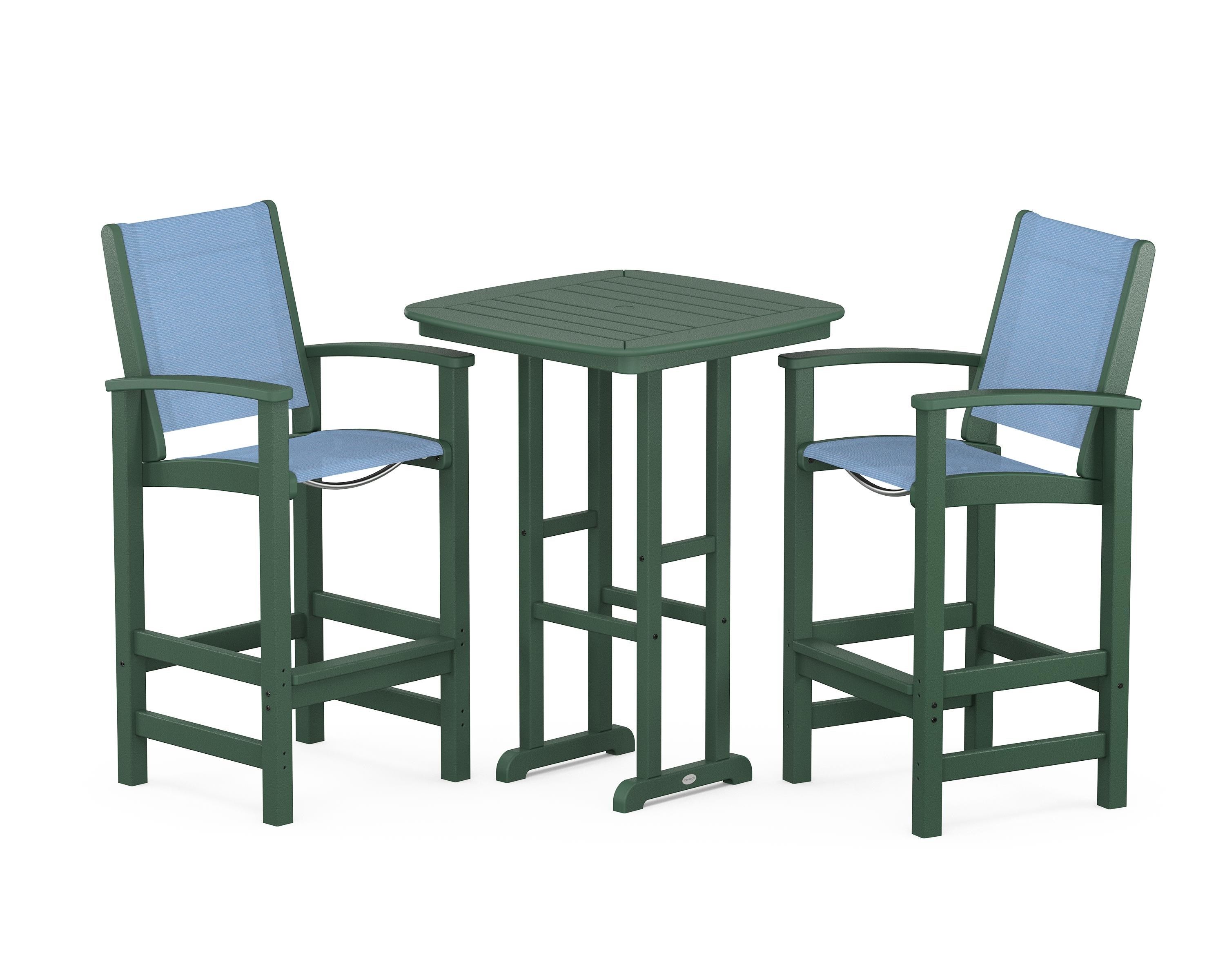 POLYWOOD Coastal 3-Piece Bar Set in Green / Poolside Sling