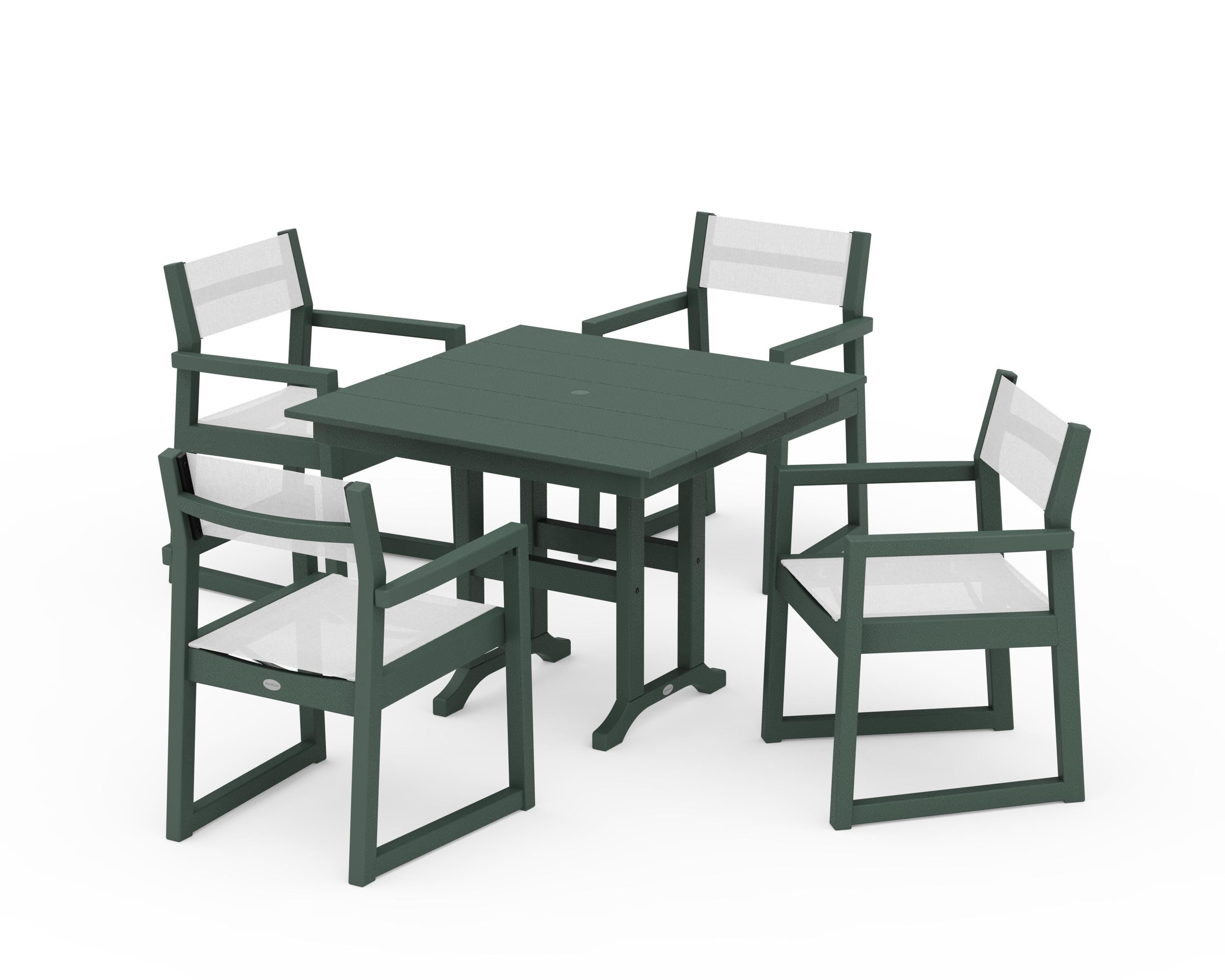 POLYWOOD EDGE Sling Arm Chair 5-Piece Farmhouse Dining Set in Green / White Sling