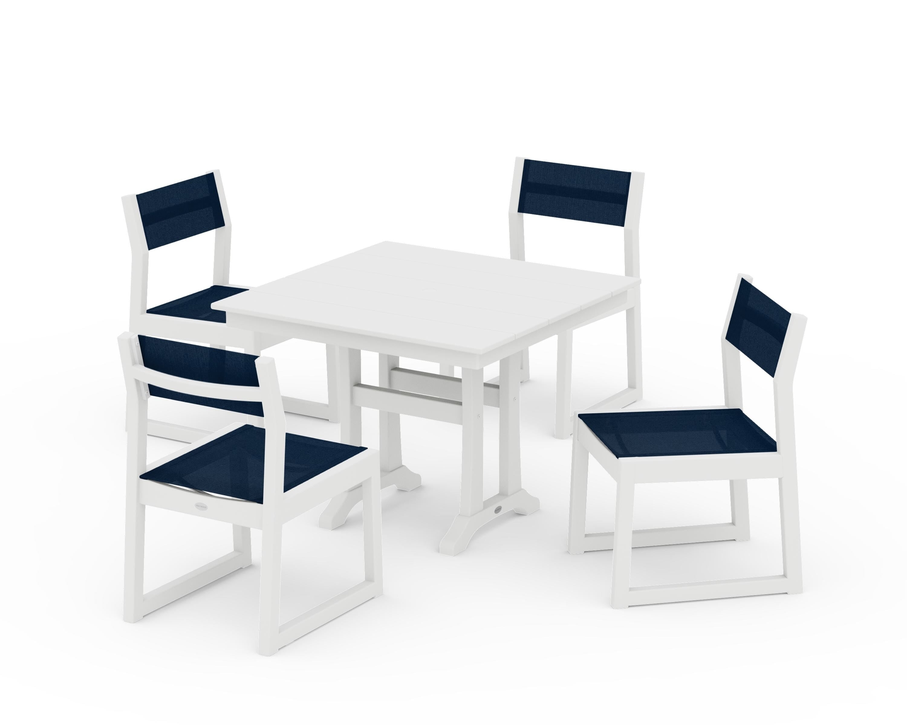POLYWOOD EDGE Sling 5-Piece Farmhouse Trestle Side Chair Dining Set in White / Navy Blue Sling