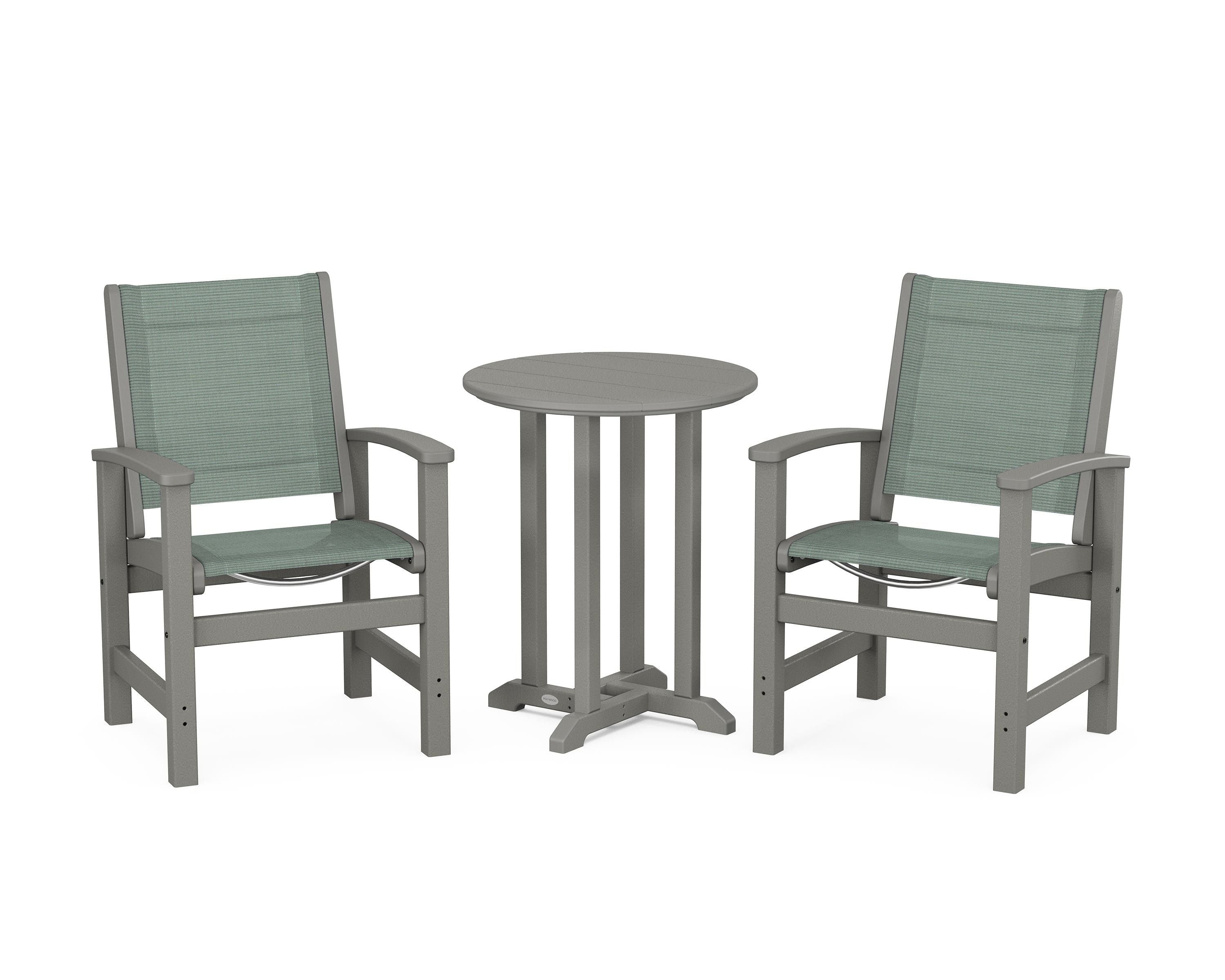 POLYWOOD Coastal 3-Piece Round Bistro Dining Set in Slate Grey / Dupioni Sea Mist Sling